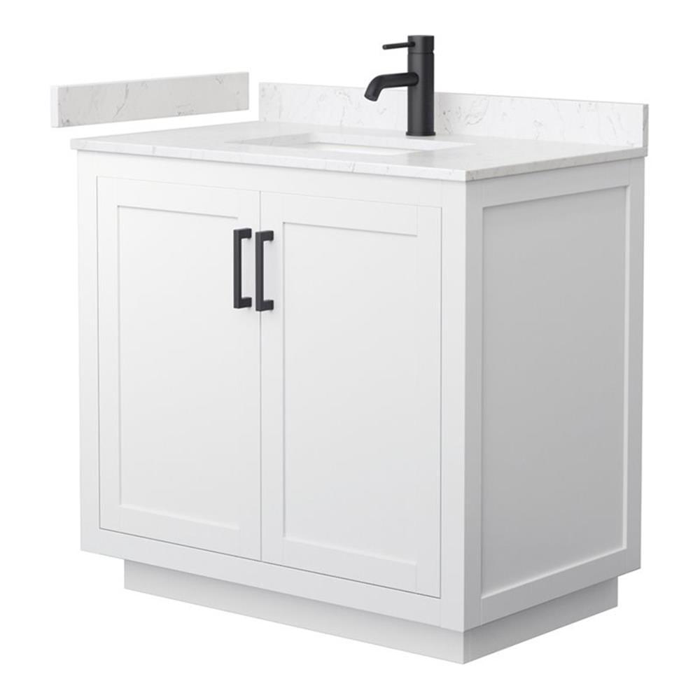 Miranda 36" White Marble and Wood Bathroom Vanity with Matte Black Trim