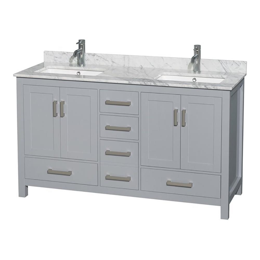 Sheffield 60'' Gray Double Freestanding Bathroom Vanity with White Carrara Stone Top