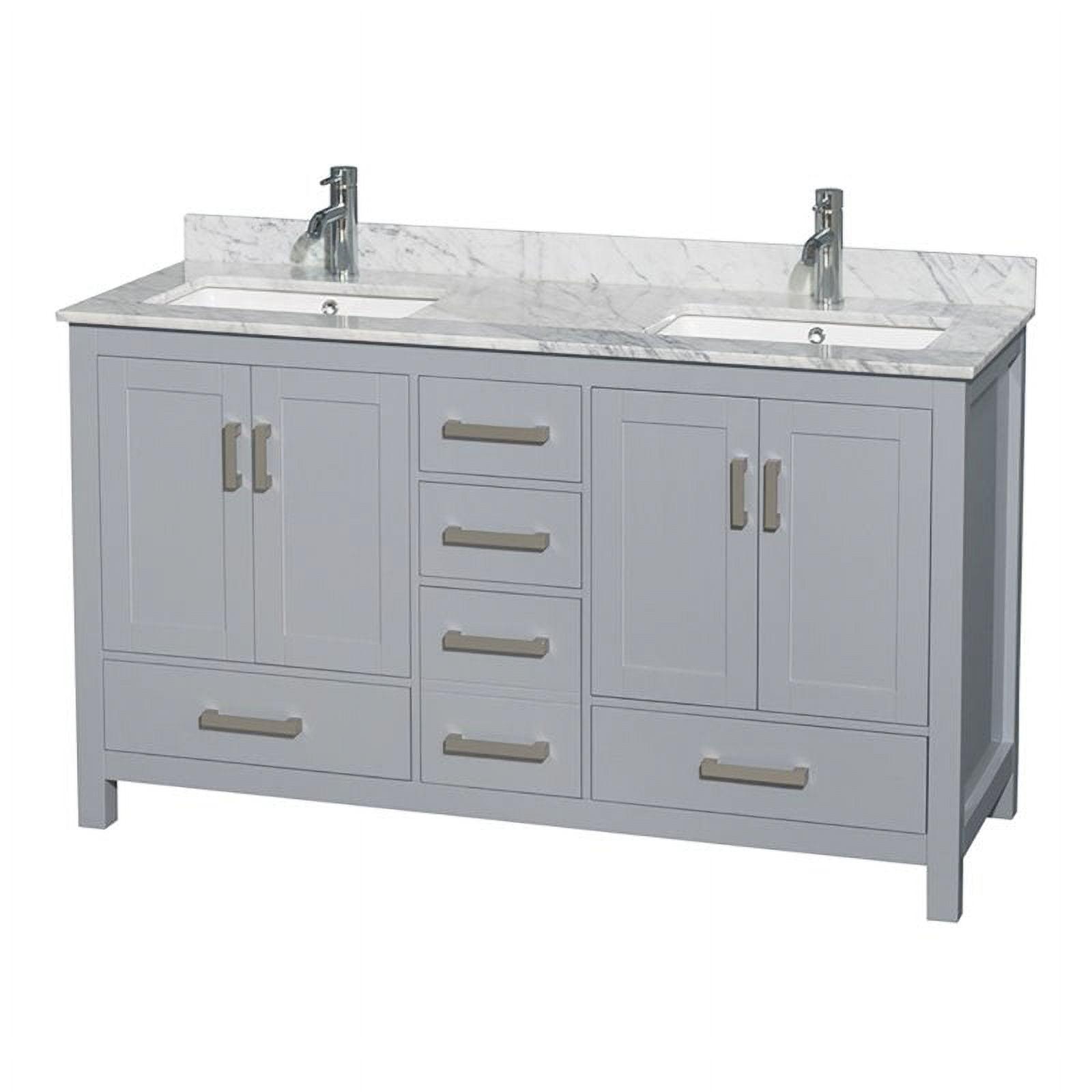 Sheffield 60'' Gray Double Freestanding Bathroom Vanity with White Carrara Stone Top