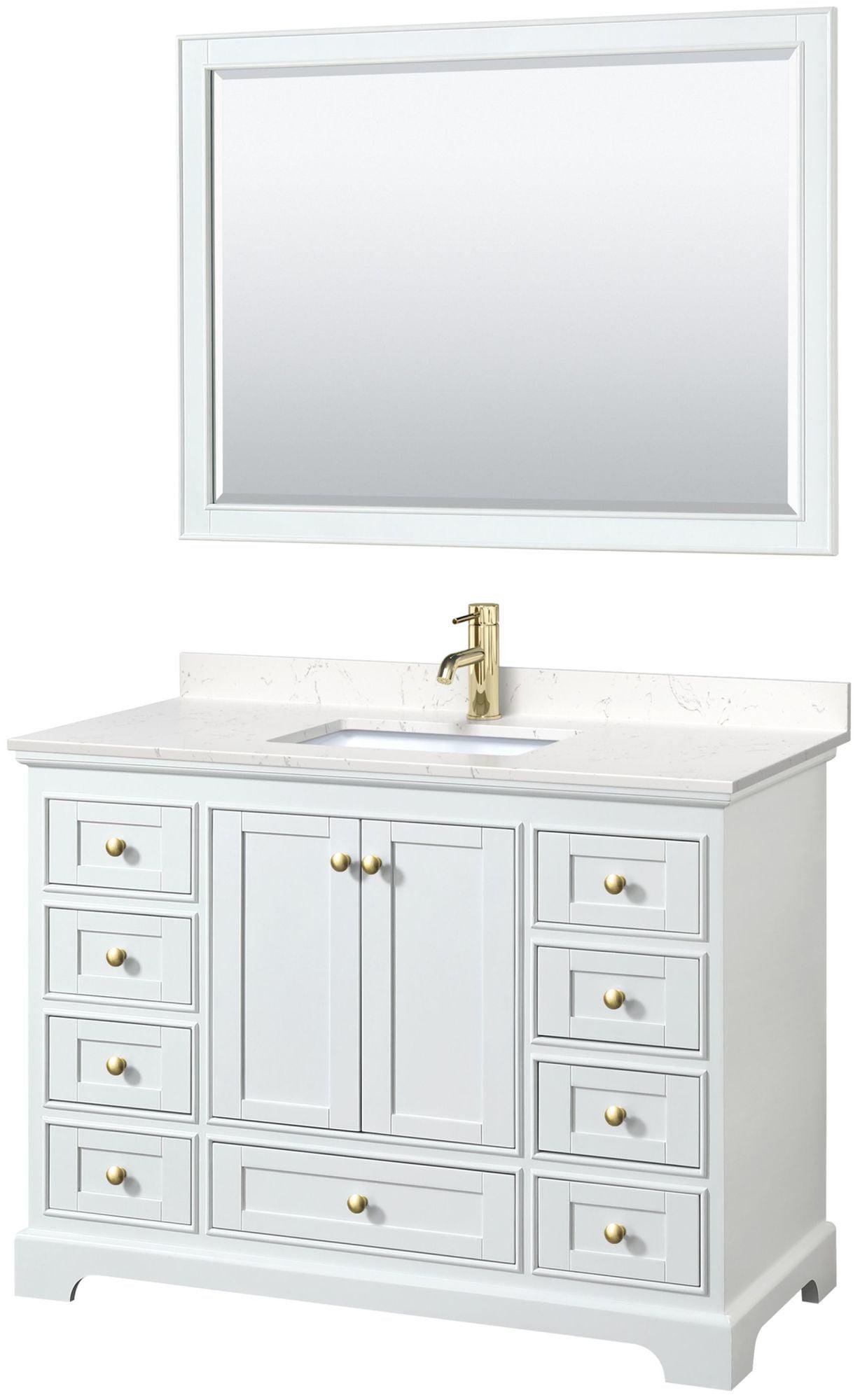 Deborah 48" White Vanity with Carrara Marble Top and Gold Hardware