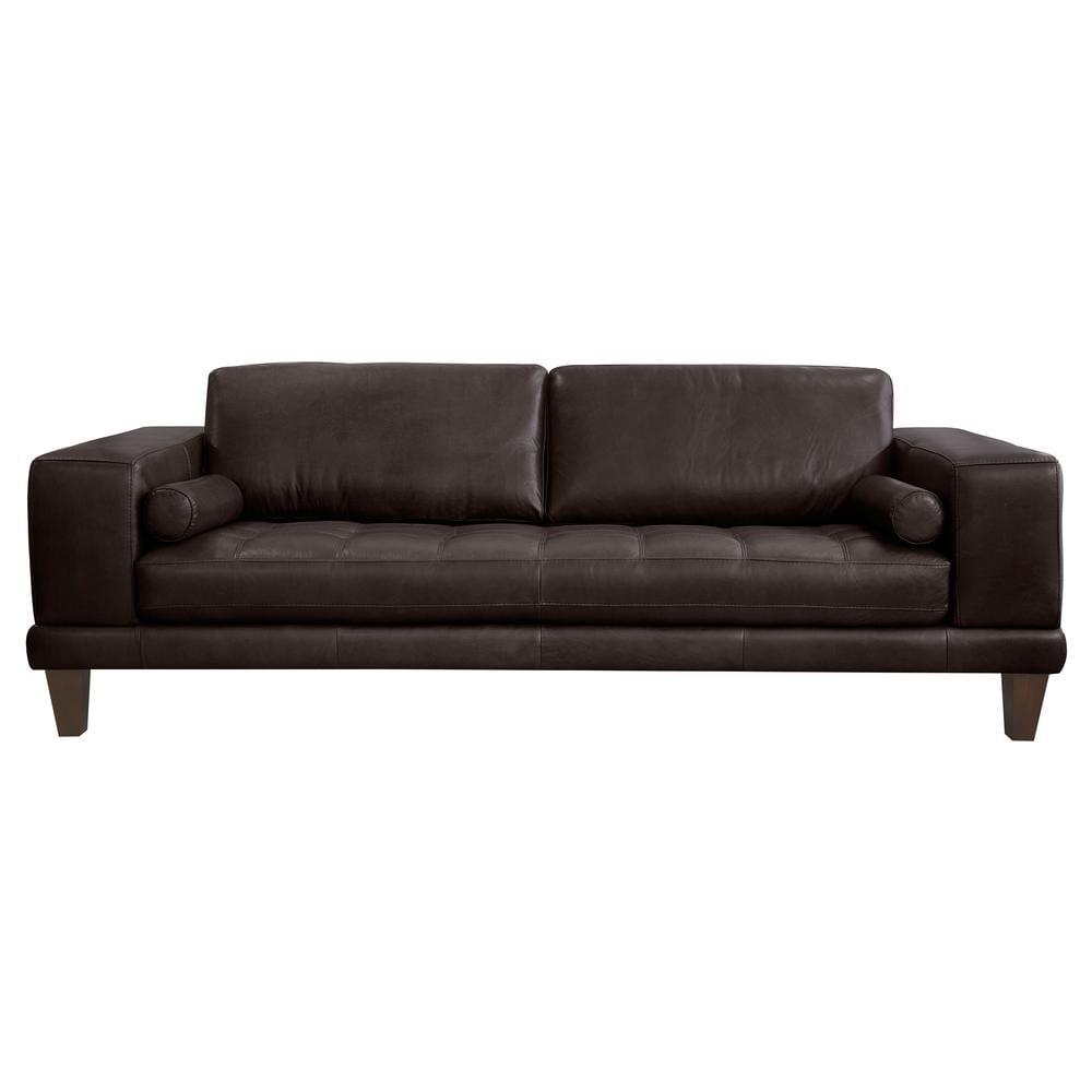 Wynne Espresso Leather Tufted Sofa with Brown Wood Legs