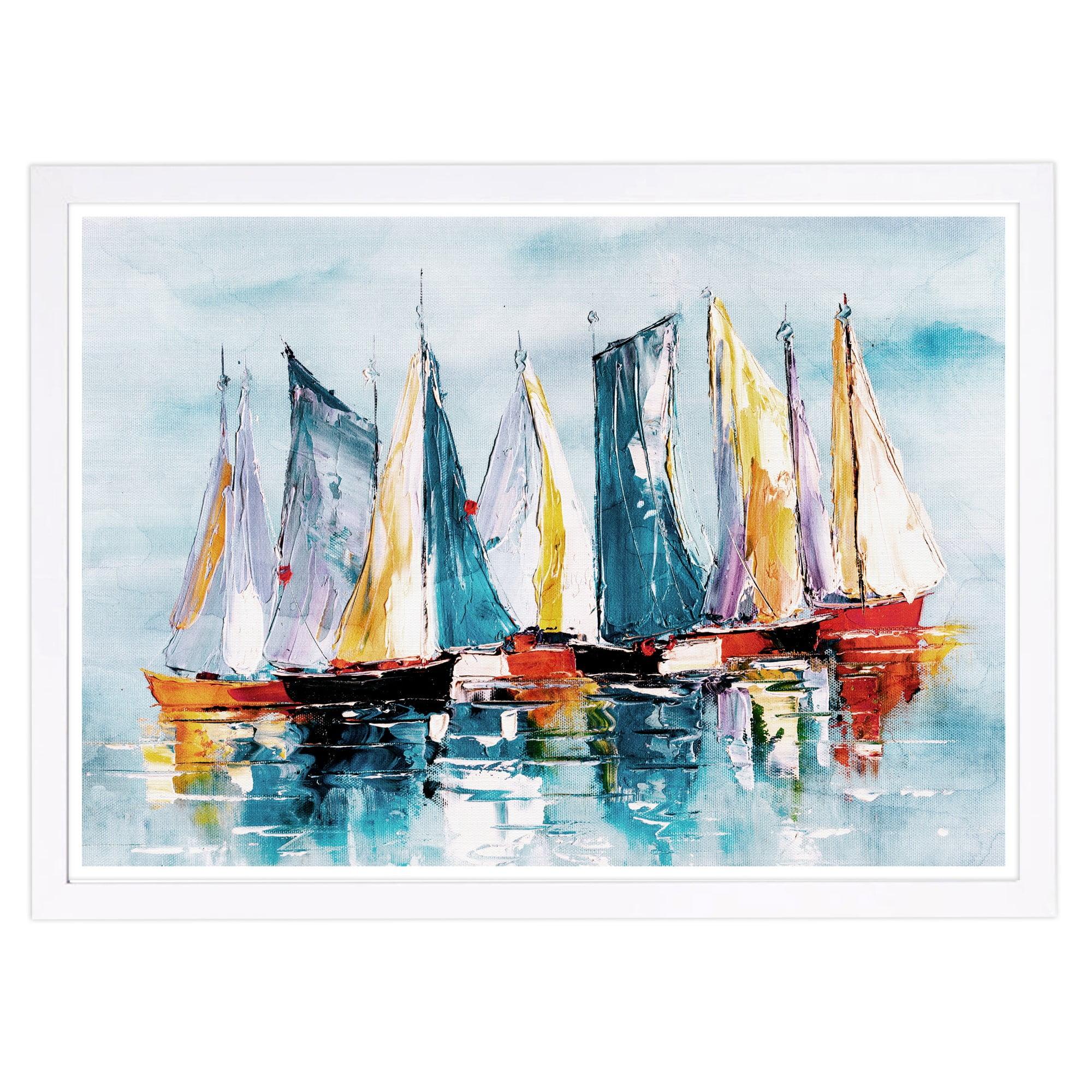 Wynwood Studio 'Beautiful Boat Day' Nautical and Coastal Framed Wall Art Print - Blue, Orange