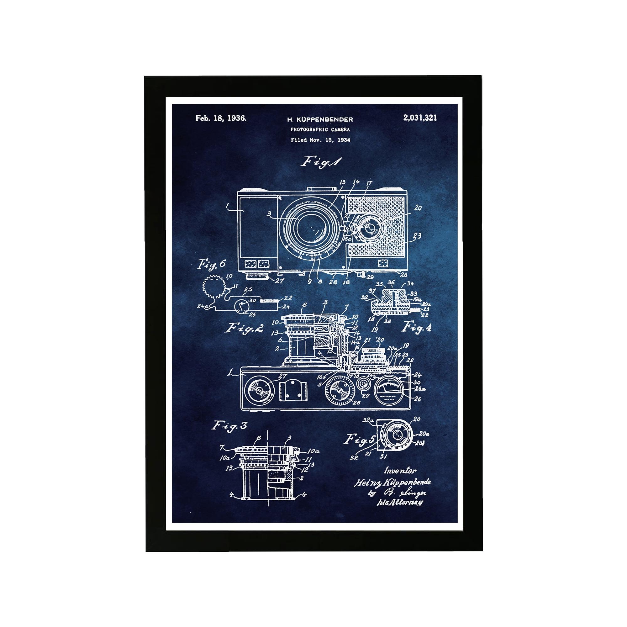 Wynwood Studio Entertainment and Hobbies Framed Wall Art Prints 'Kupenbender Camera 1936 Blue ' Photography - Blue, White, 13" x 19"