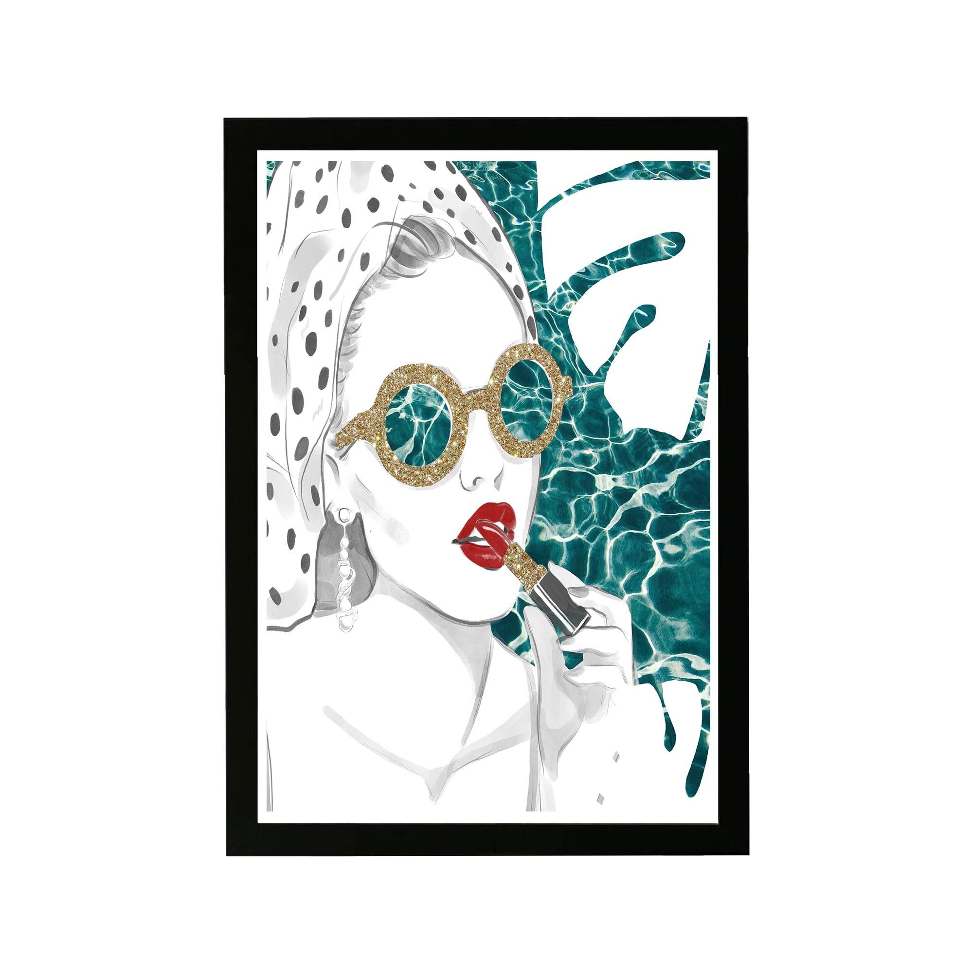 Wynwood Studio Fashion and Glam Framed Wall Art Prints 'Poolside Girl' Makeup Home Décor - Red, Gold, 13" x 19"