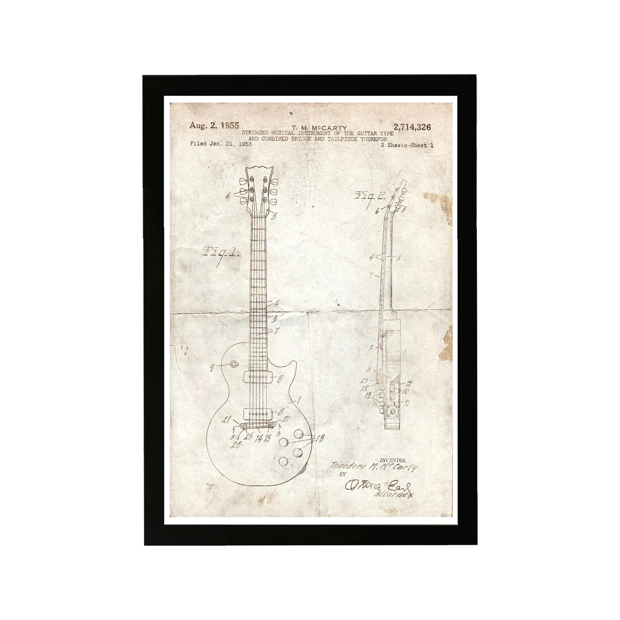 Wynwood Studio 15"x21" Gibson Les Paul Guitar 1955 Parchment Wall Art Black Frame: Vintage-Inspired, High-Definition Print