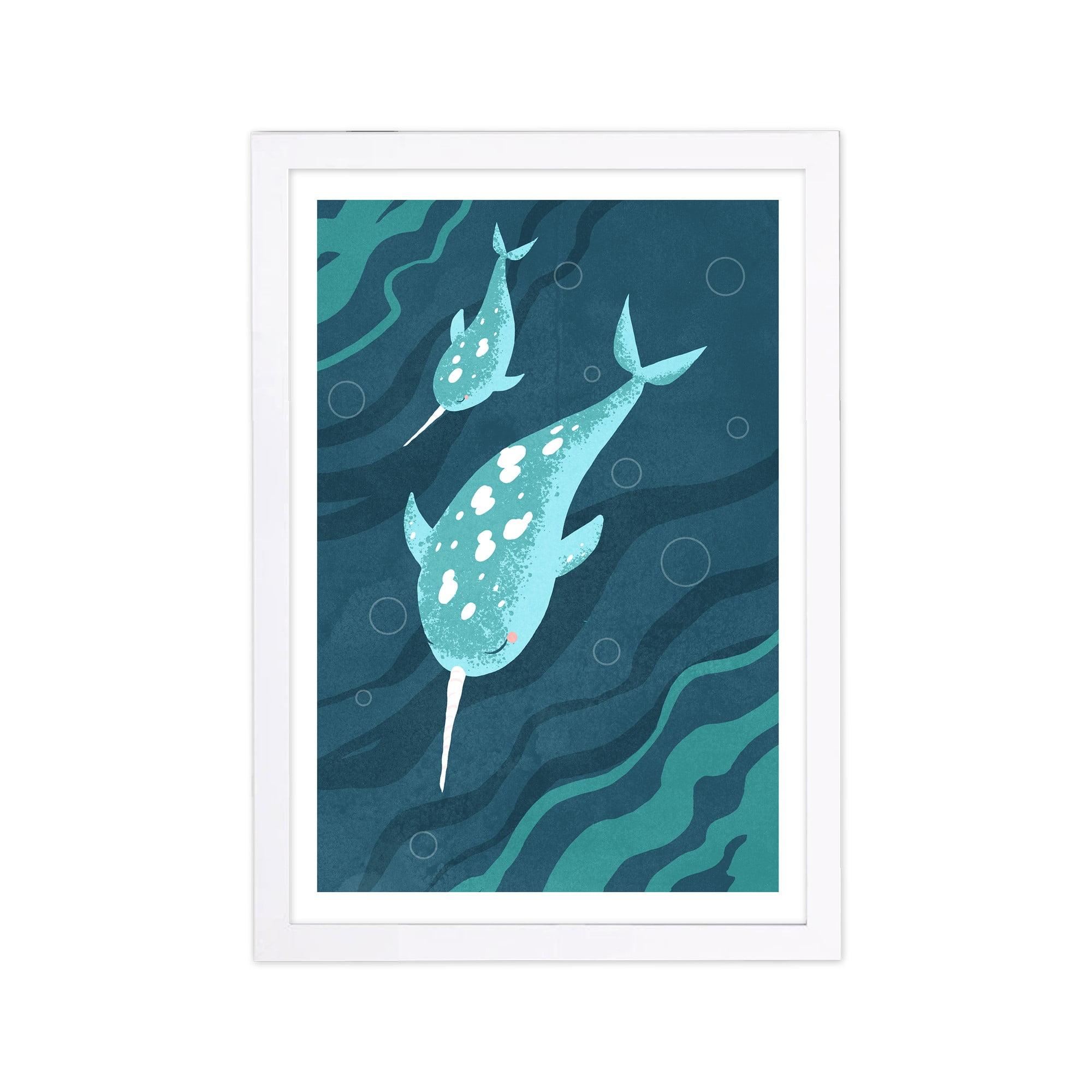 Wynwood Studio 15"x21" Narwhals Wall Art White Frame: Modern Mixed Media Animal Canvas, Wood Composite Frame, Vertical Layout