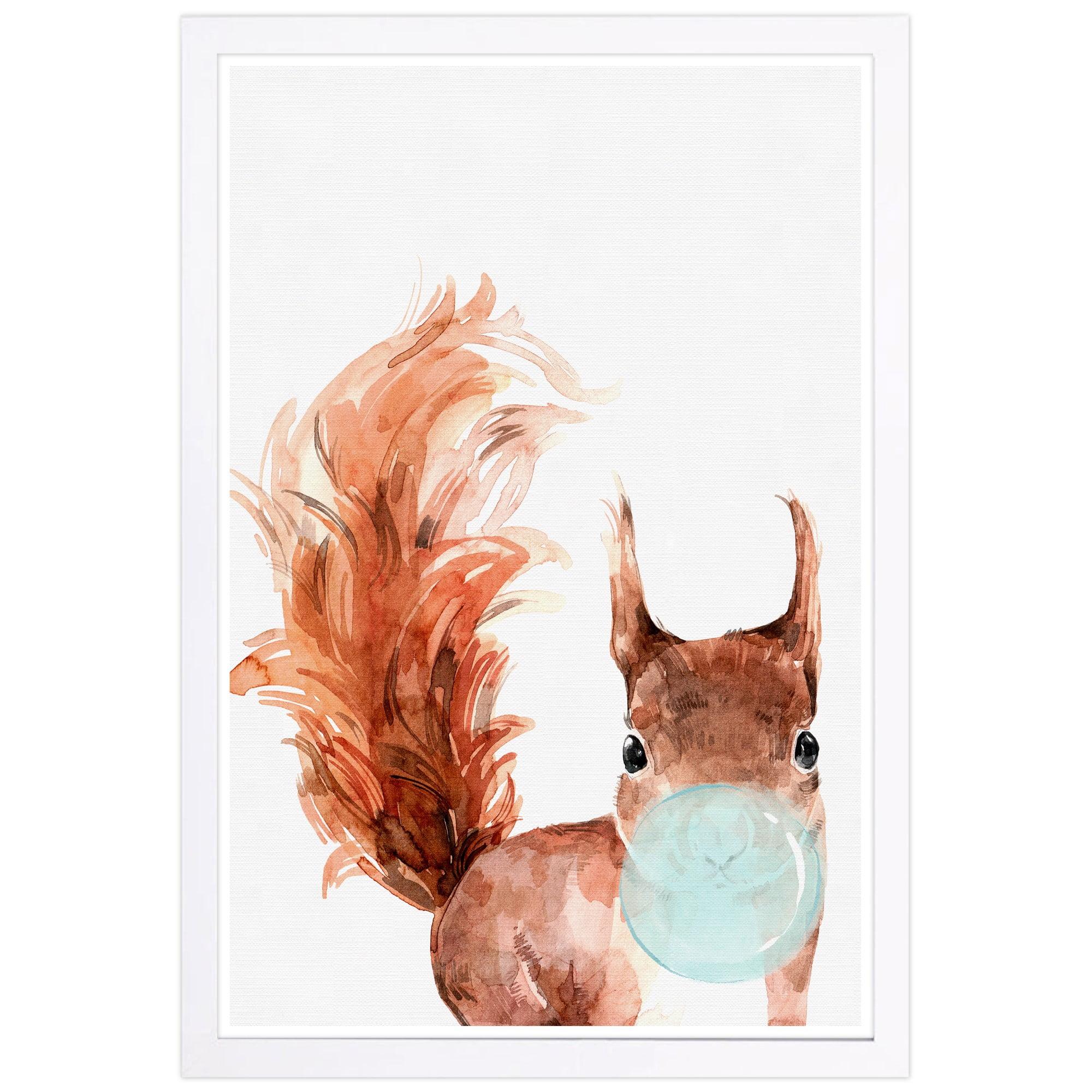 Wynwood Studio 15"x21" Squirrel Bubblegum Wall Art White Frame: Modern Mixed Media Animal Canvas, Wood Composite Frame