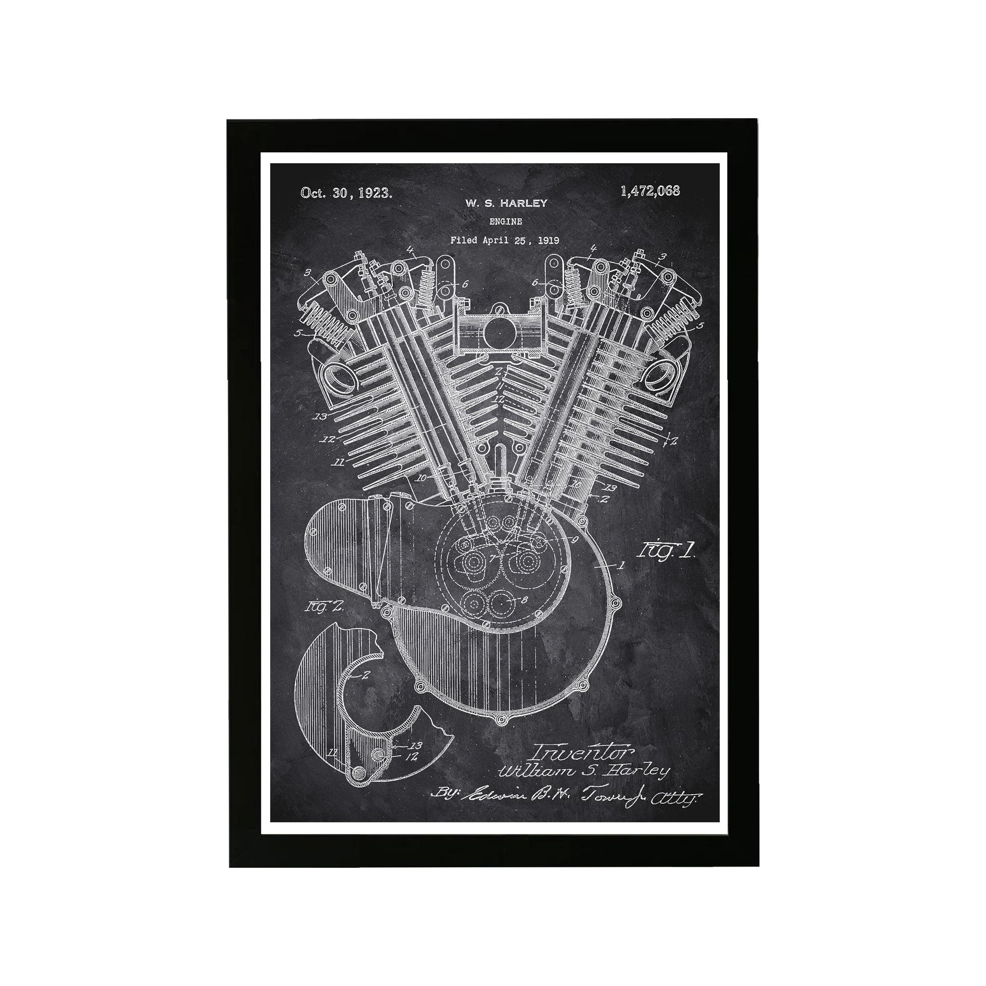 Wynwood Studio Transportation Framed Wall Art Prints 'Harley Engine 1923 Chalkboard' Motorcycles Home Décor - Black, White, 13" x 19"