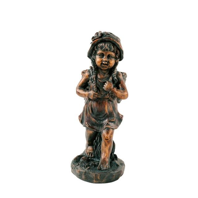 24in.H Faux Bronze Magnesium Oxide Walking Girl Garden Statue w/Small Flower PlantPot, Outdoor, Natural Design Sculpture