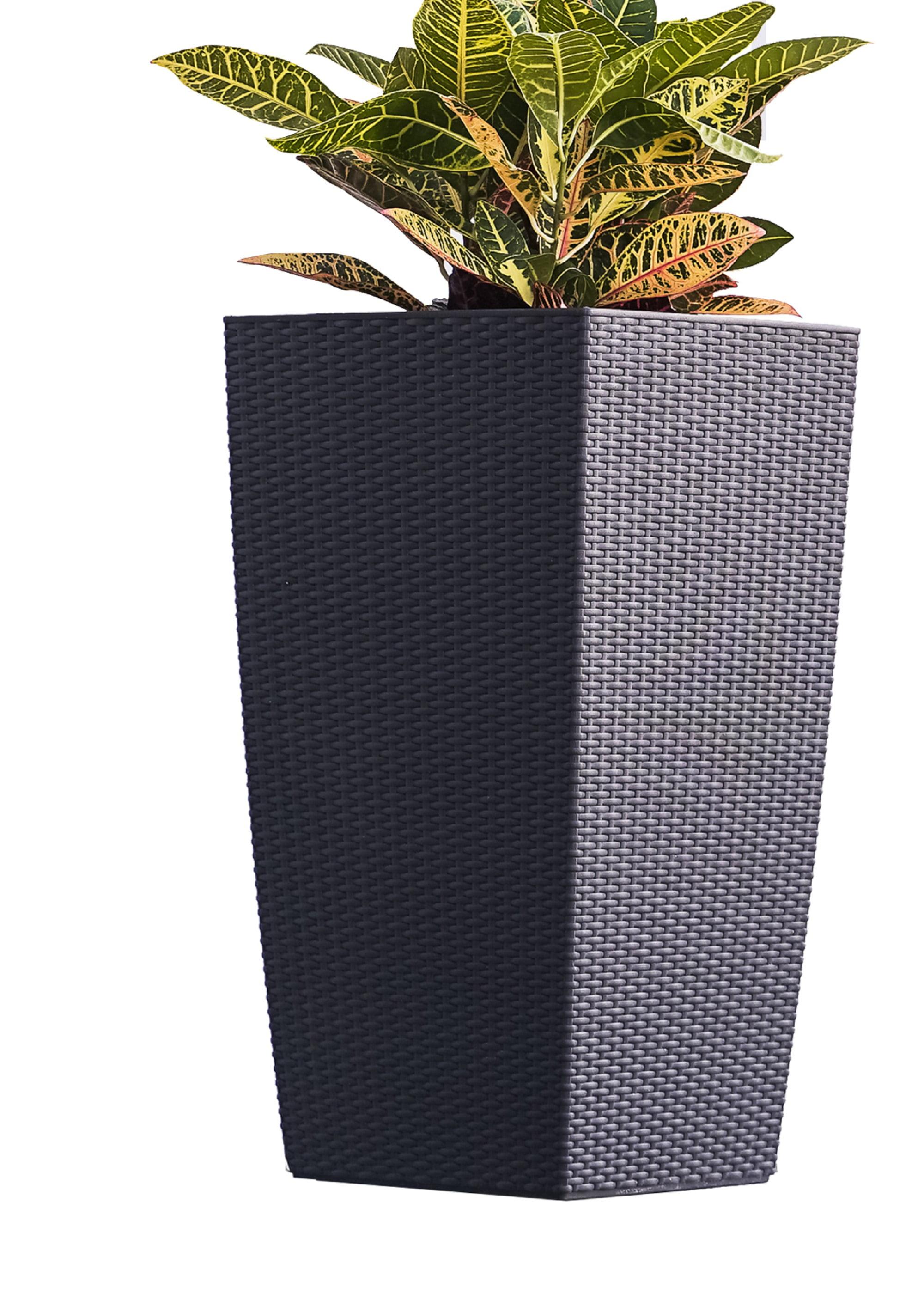 XBrand 30" H Black Rattan Self Watering Indoor Outdoor Square Planter Pot, Tall Decorative Gardening Pot, Home Décor Accent