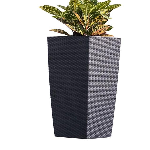 XBrand 30" H Black Rattan Self Watering Indoor Outdoor Square Planter Pot, Tall Decorative Gardening Pot, Home Décor Accent