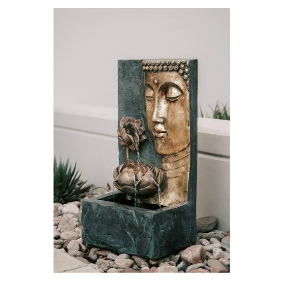 XBrand 30" H Zen Buddha Face Water Fountain w/ LED light & Pump, Indoor/Outdoor Freestanding, Relaxing Zen Décor, Bronze and Natural Grey Polyresin Fountain for Home Patio Garden Backyard