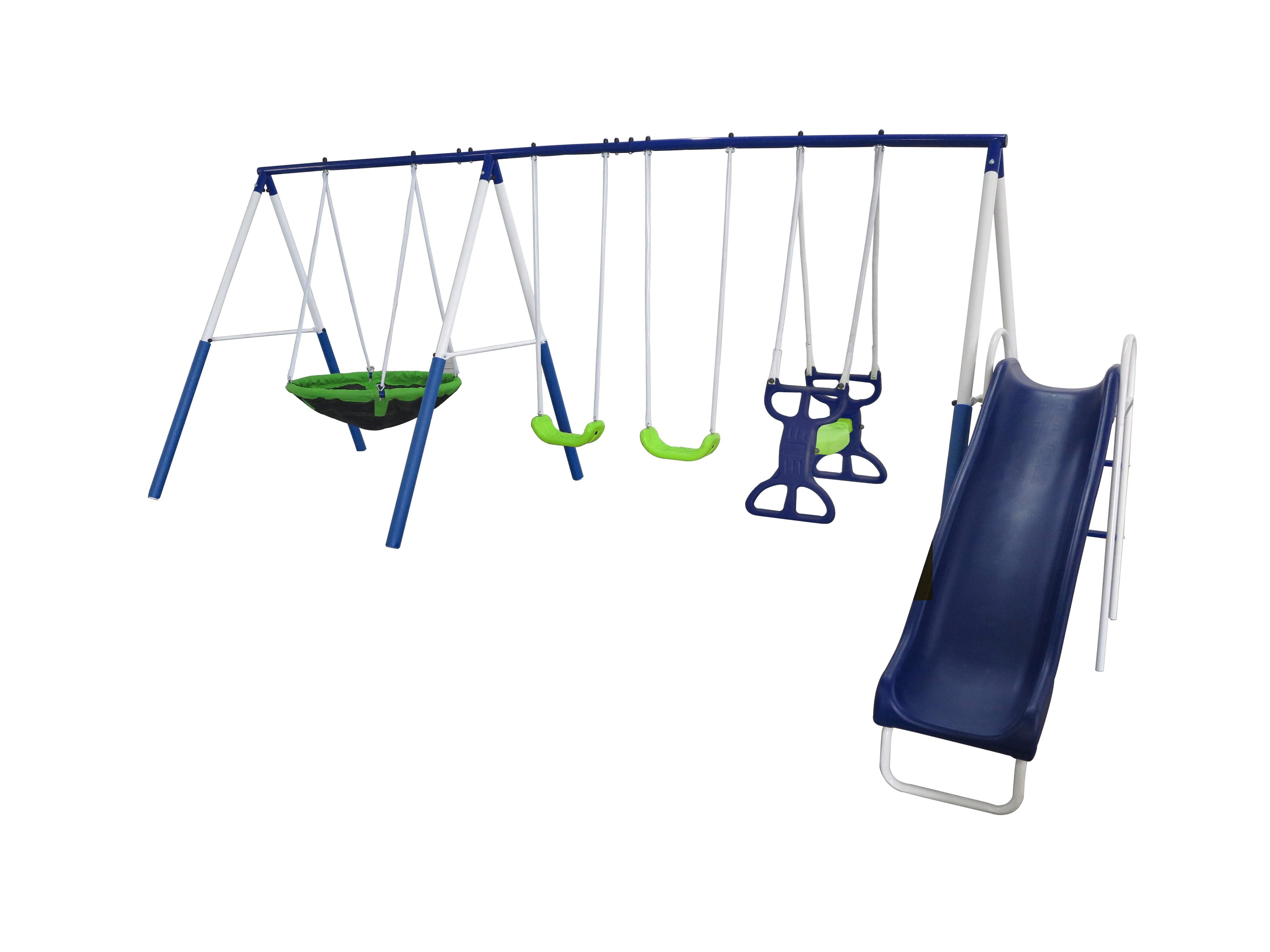 Blue and Green Metal Swing Set with Slide for 7 Kids