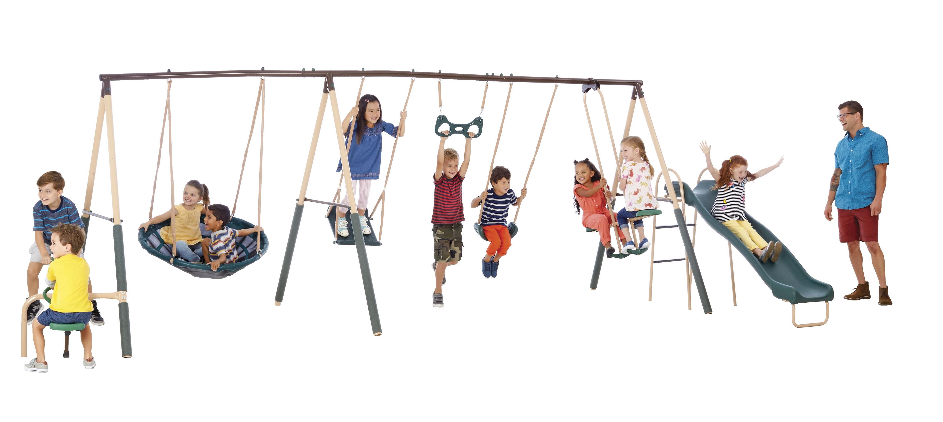 XDP Recreation Deerfield Swing Set,10 Child Capacity Backyard Playground w/ Slide, See-Saw, Trapeze Swing, Fun-Glidr, Swing Seat, & Stand N Swing