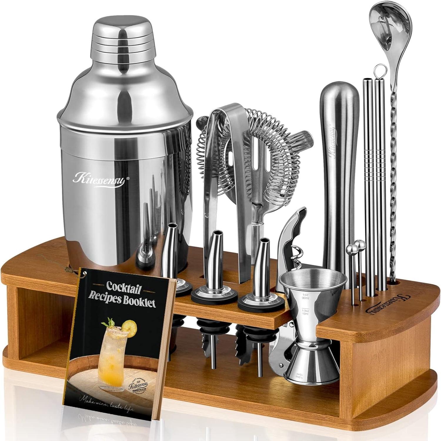 Cocktail Shaker Set Bartender Kit with Stand - Drink Mixer Bar Set with All Essential Bar Accessory Tools - Martini Shaker Jigger Strainer Mixer Spoon Muddler Liquor Pourers - Rose Gold