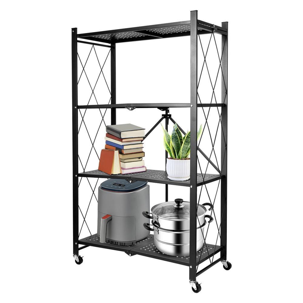 Black 4-Tier Metal Foldable Storage Shelf with Wheels