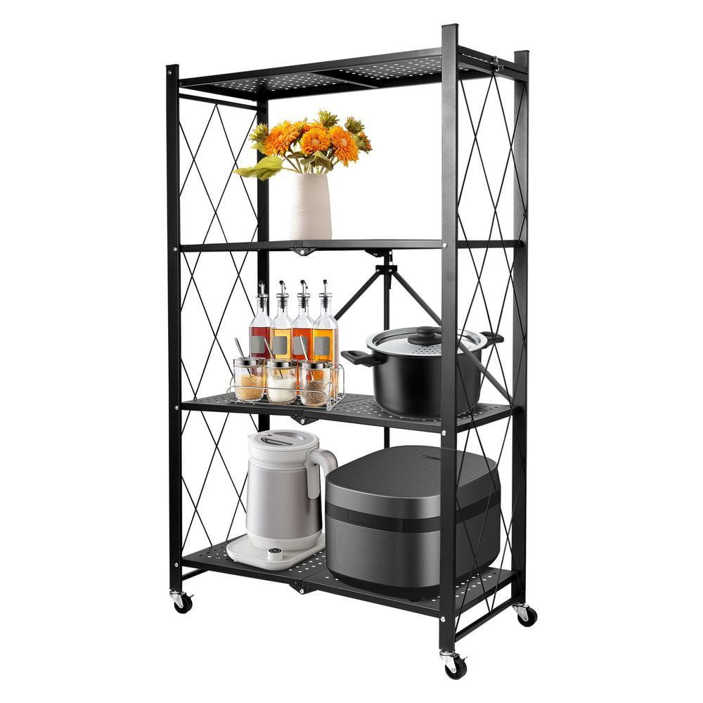 Foldable Storage Shelves, Heavy Duty Metal Shelving Unit for Garage, Kitchen & Basement Organization - 4-Tier Rack with Wheels, Easy Assembly, Black