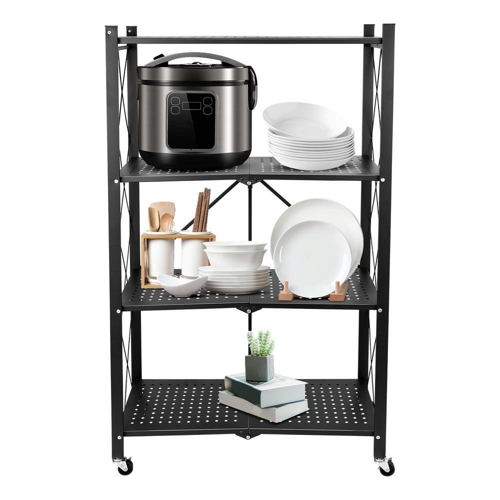 Foldable Storage Shelves, Heavy Duty Metal Shelving Unit for Garage, Kitchen & Basement Organization - 4-Tier Rack with Wheels, Easy Assembly, Black