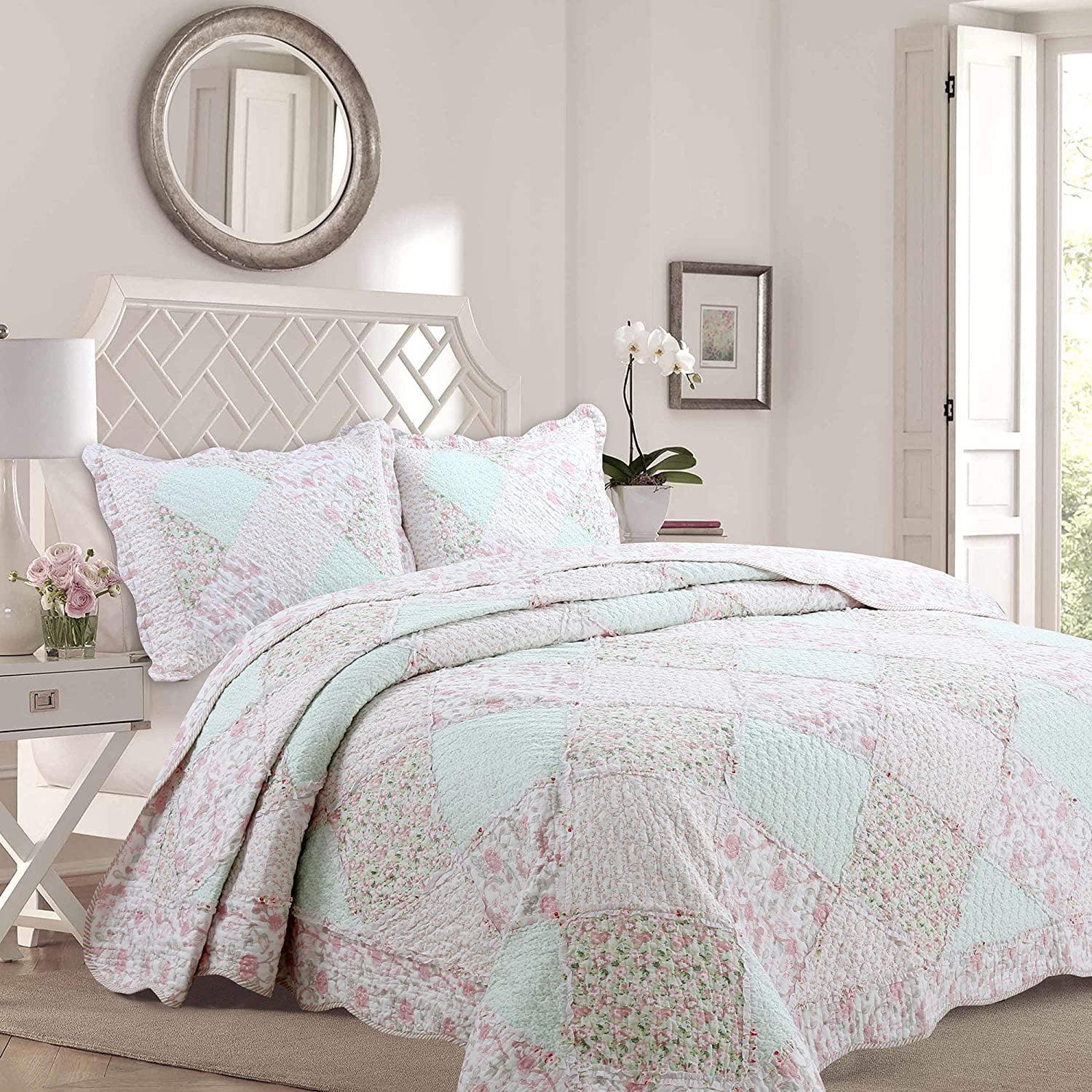 Pink Floral Cotton Reversible Queen Quilt Set