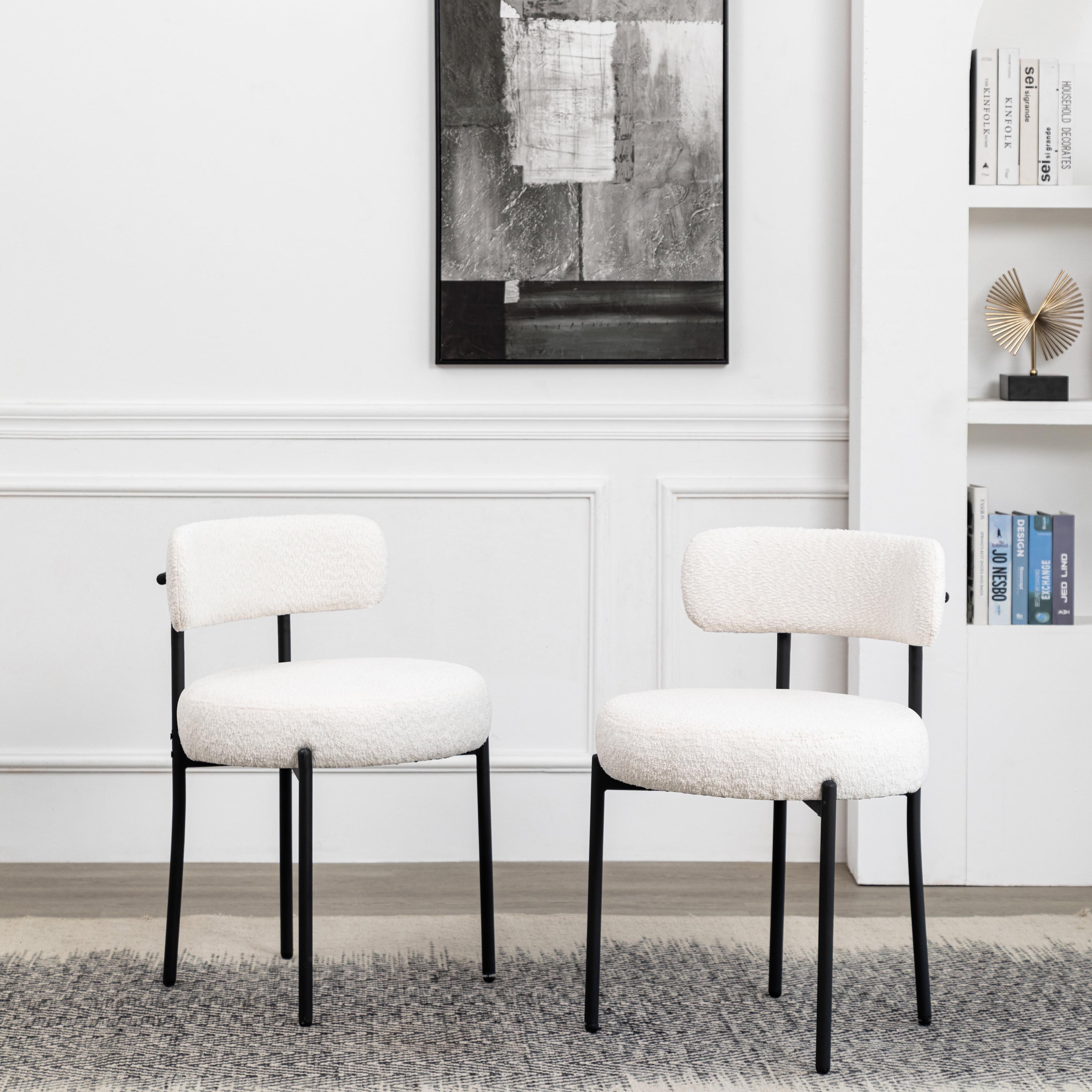 White Dining Chairs Set of 2, Boucle Dining Chairs, Upholstered Kitchen and Dining Room Chairs, Mid-Century Modern Dining Chairs with Black Metal Legs