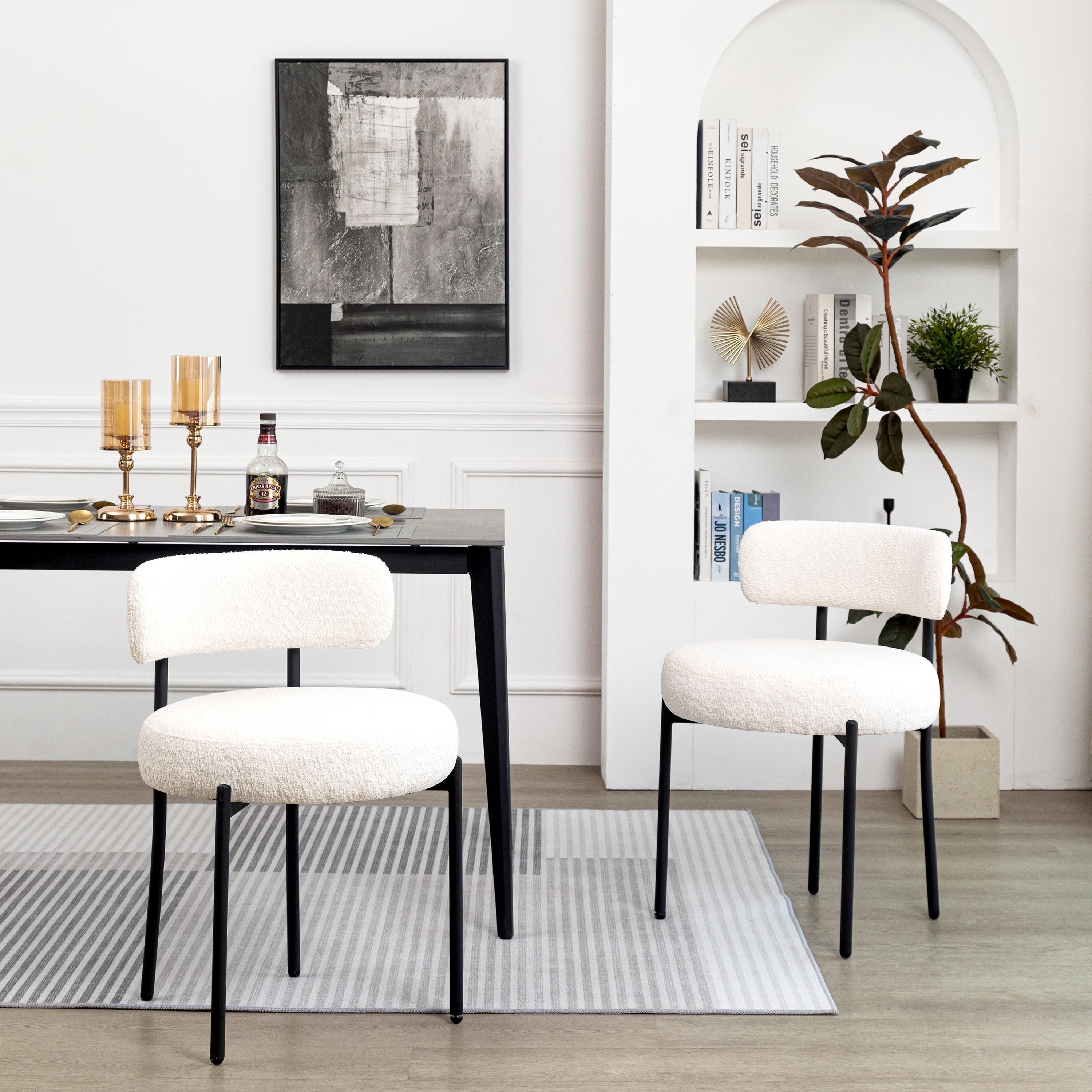 White Dining Chairs Set of 2, Boucle Dining Chairs, Upholstered Kitchen and Dining Room Chairs, Mid-Century Modern Dining Chairs with Black Metal Legs