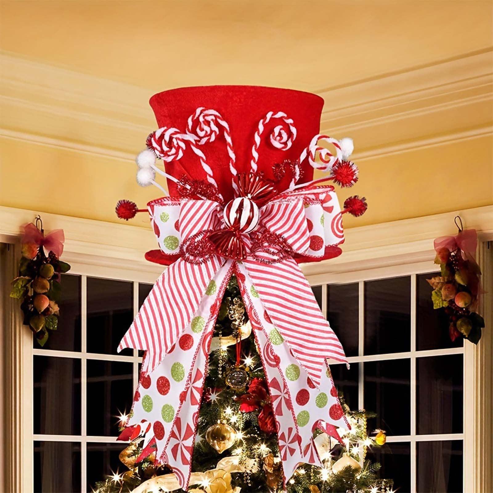 Xchenda Christmas Tree Topper Large Red Tree Topper Hat with Candy Peppermint Bows Ribbon Ornament Top Hat for Home Holiday Tree Decoration Xmas Gift