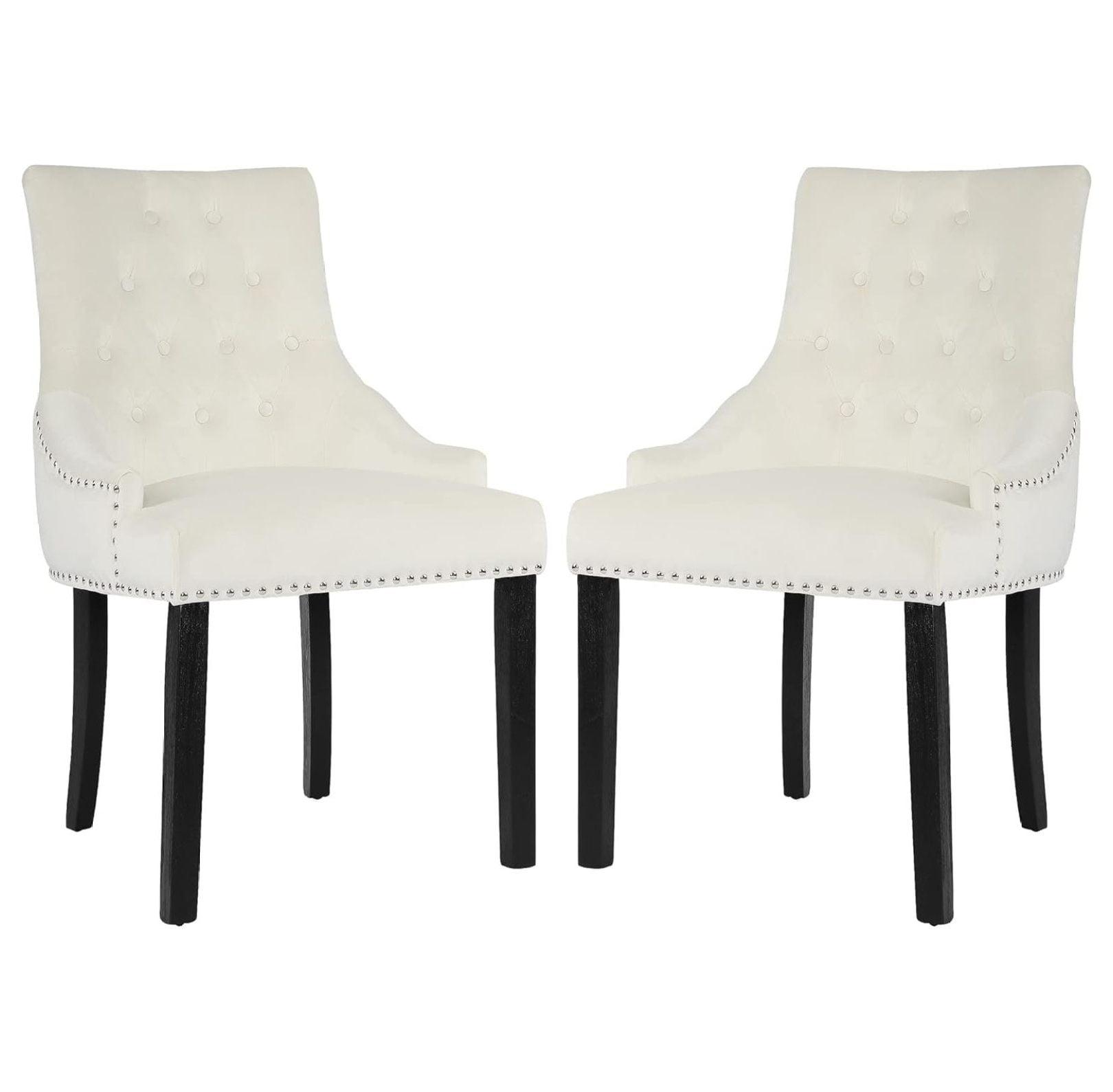 Beige Velvet Upholstered Dining Chairs with Wood Legs, Set of 2