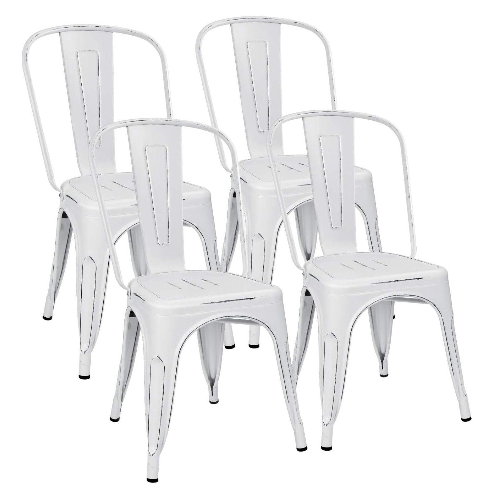 Xayoca Metal Dining Chairs Indoor-Outdoor Use Stackable Side Chairs with Back Industrial Kitchen Classic Trattoria Chair Set of 4 (Distressed White)