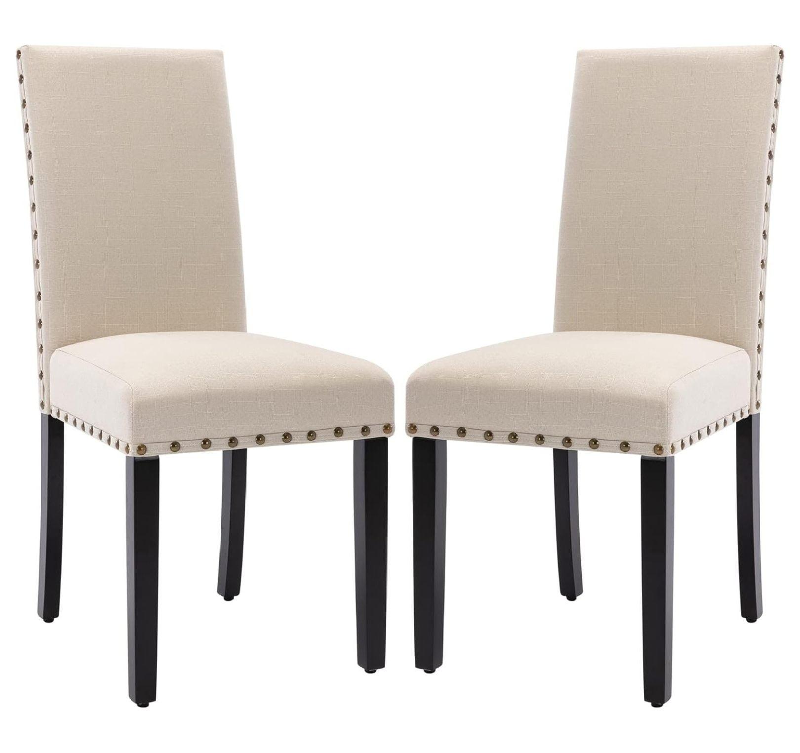 Costway Set of 2 Fabric Dining Chairs Upholstered with Nailhead Trim Beige