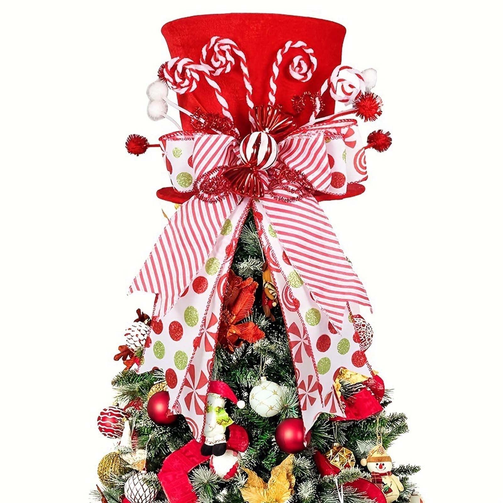 Christmas Gifts Clearance! Modern Christmas Ornaments Candy Cane Christmas Tree Topper Large Red Tree Topper Hat with Candy Peppermint Bows Ribbon Ornament Top Hat Christmas Tree Topper for Home