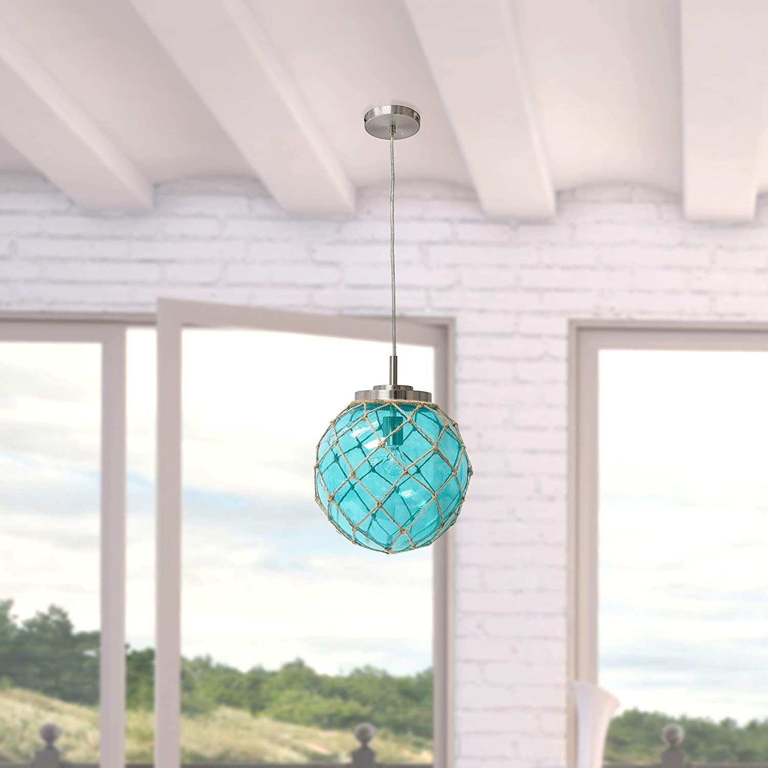 Aqua Sea Glass Globe Pendant with Brushed Nickel & Natural Rope Accent