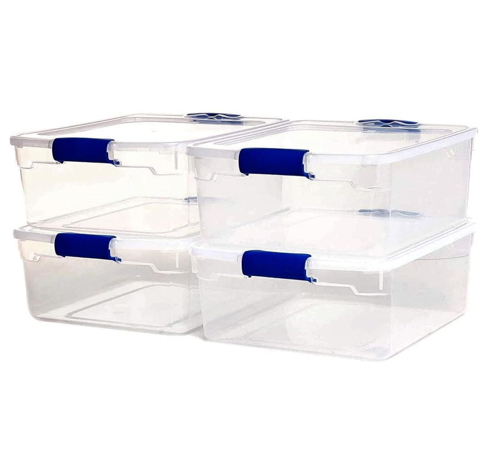 Clear Plastic Stackable Lidded Storage Boxes, 31 Quart, 4 Pack