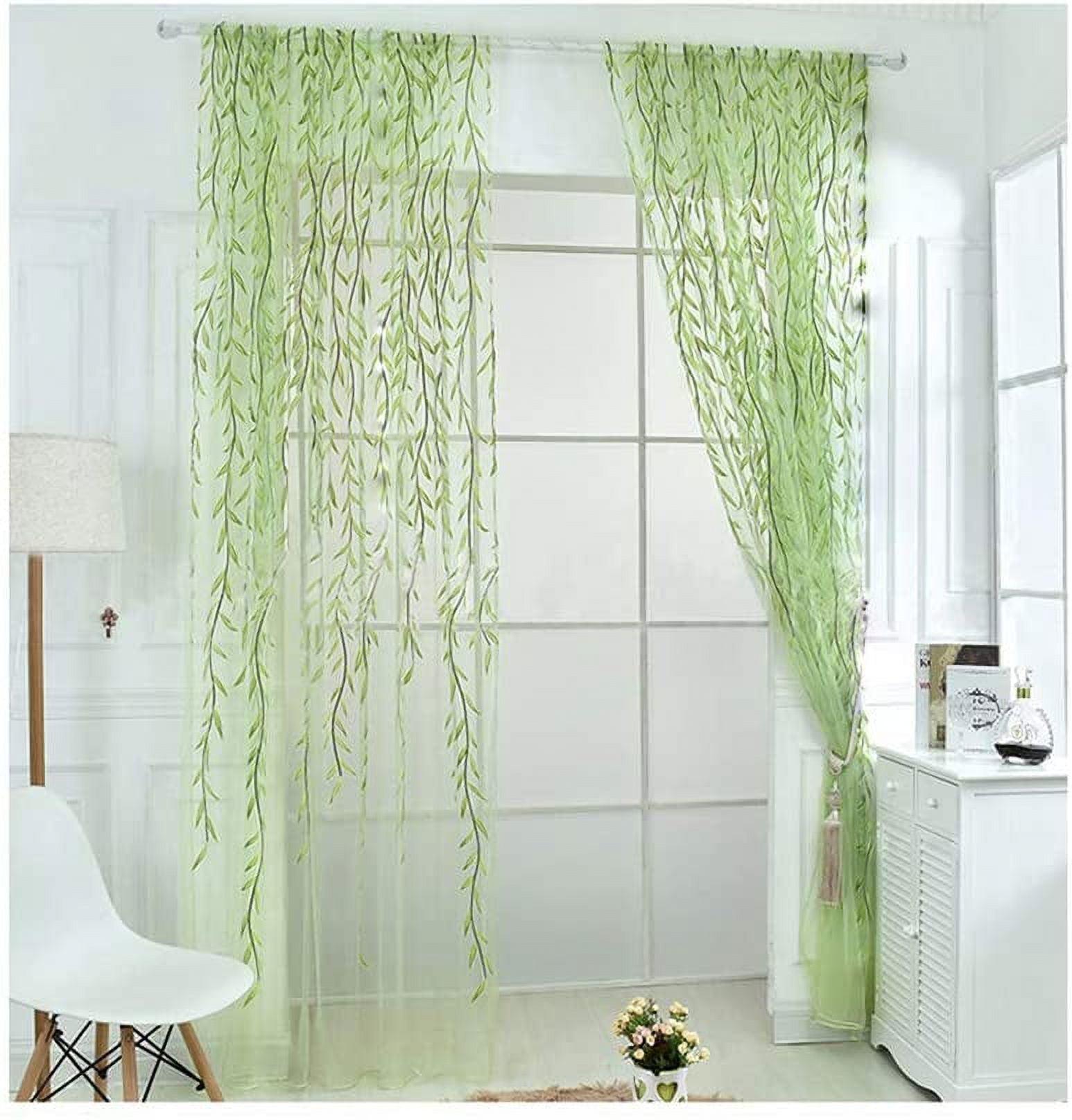 XmhyTop Rely2016 2 Pieces Willow Window Curtain Voile Tulle Room Salix Leaf Sheer Gauze Curtain Voile Panel Drapes Curtain Green Color for Living Room, Bedroom, Balcony ,100 x 200cm