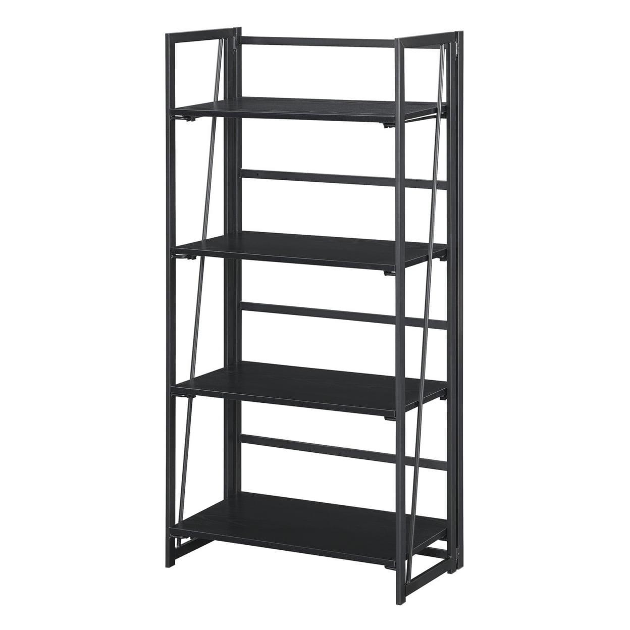 Demi Slim Black Folding 4-Tier Metal & Wood Bookshelf