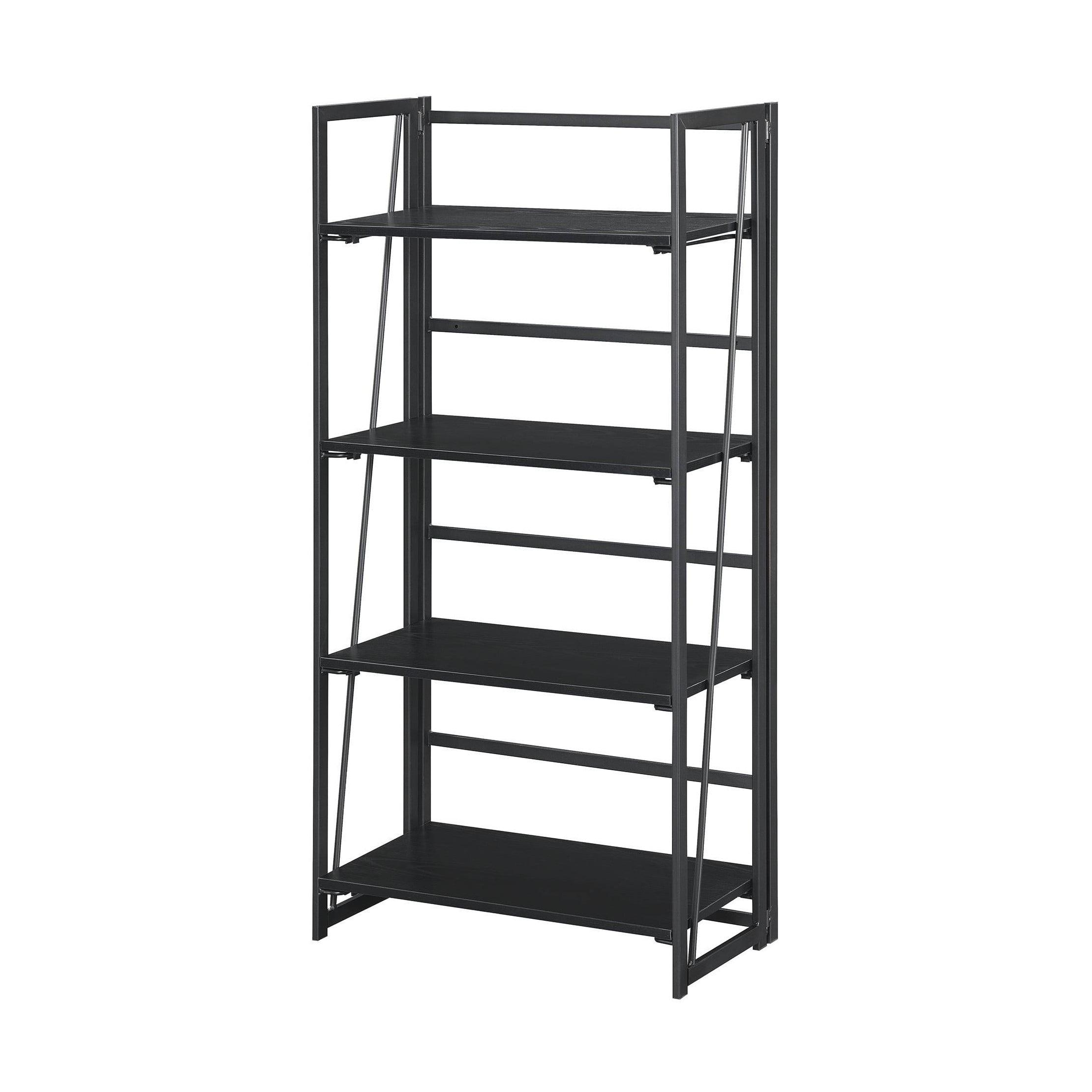 Demi Slim Black Folding 4-Tier Metal & Wood Bookshelf