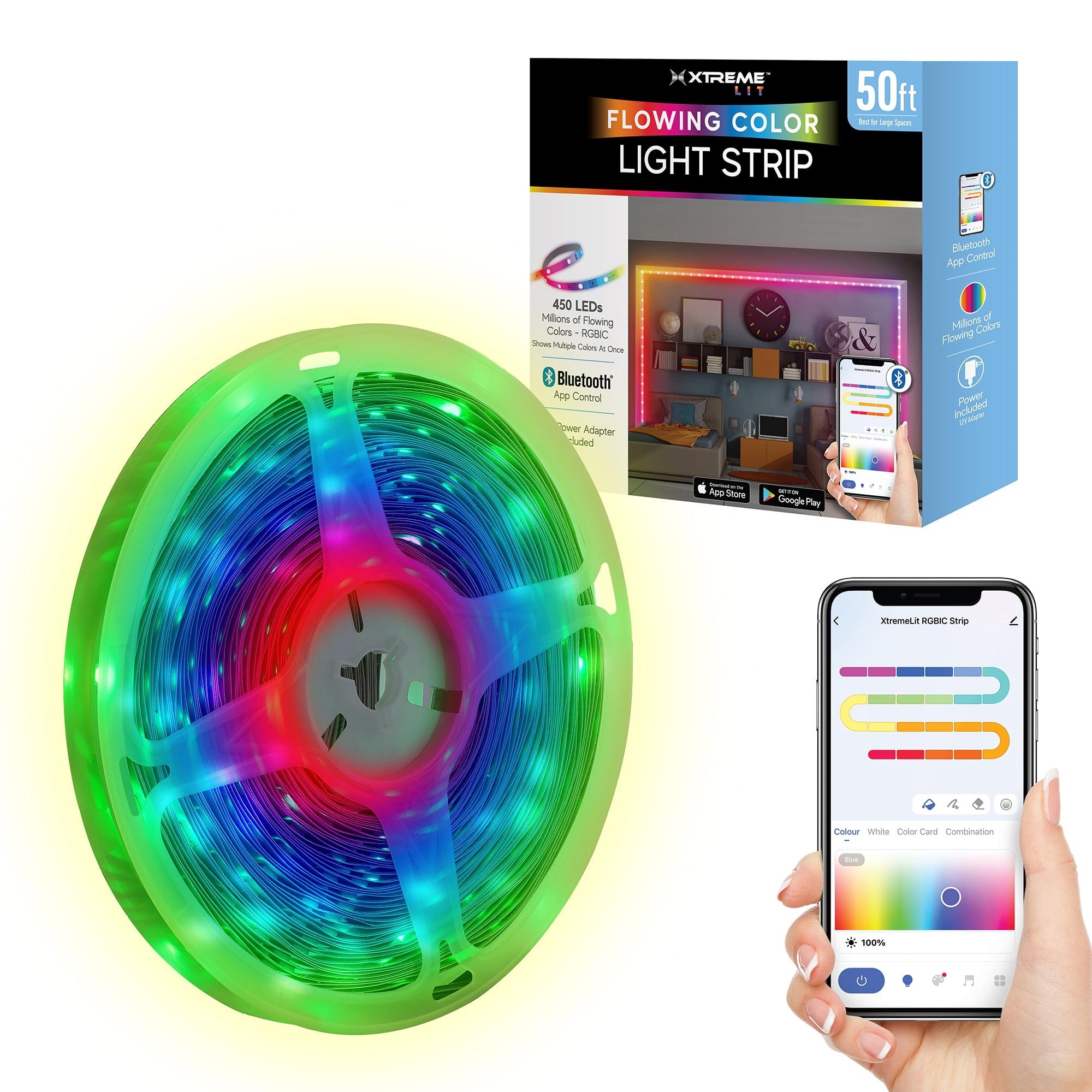 Xtreme Lit 50ft Bluetooth LED Light Strips, Flowing Color Effect, App Use, Indoor, Corded Electric