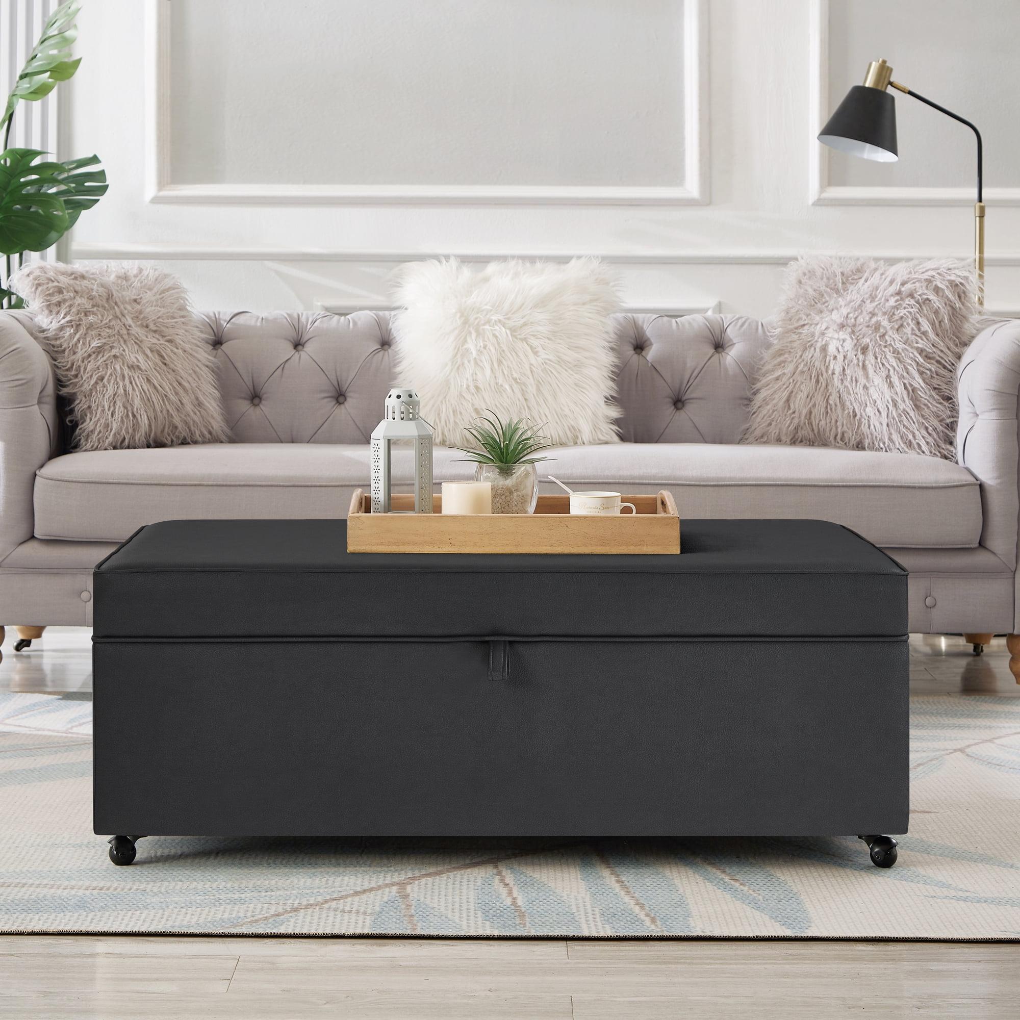 Dark Gray Faux Leather Storage Ottoman Bench with Wheels