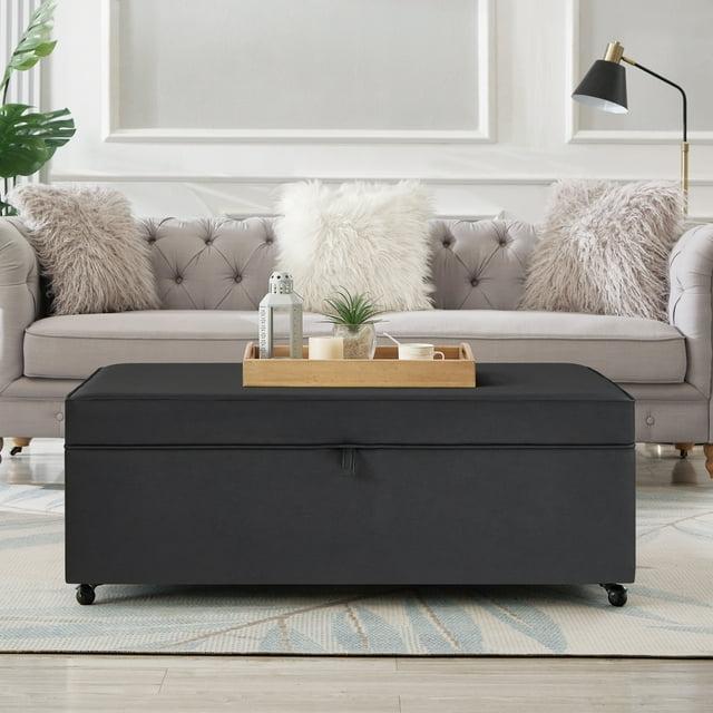Dark Gray Faux Leather Storage Ottoman Bench with Wheels