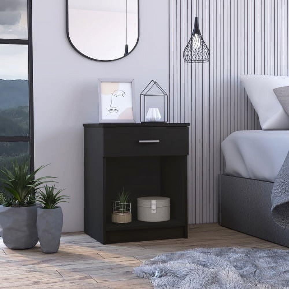 Black Particleboard Nightstand with Drawer and Shelf