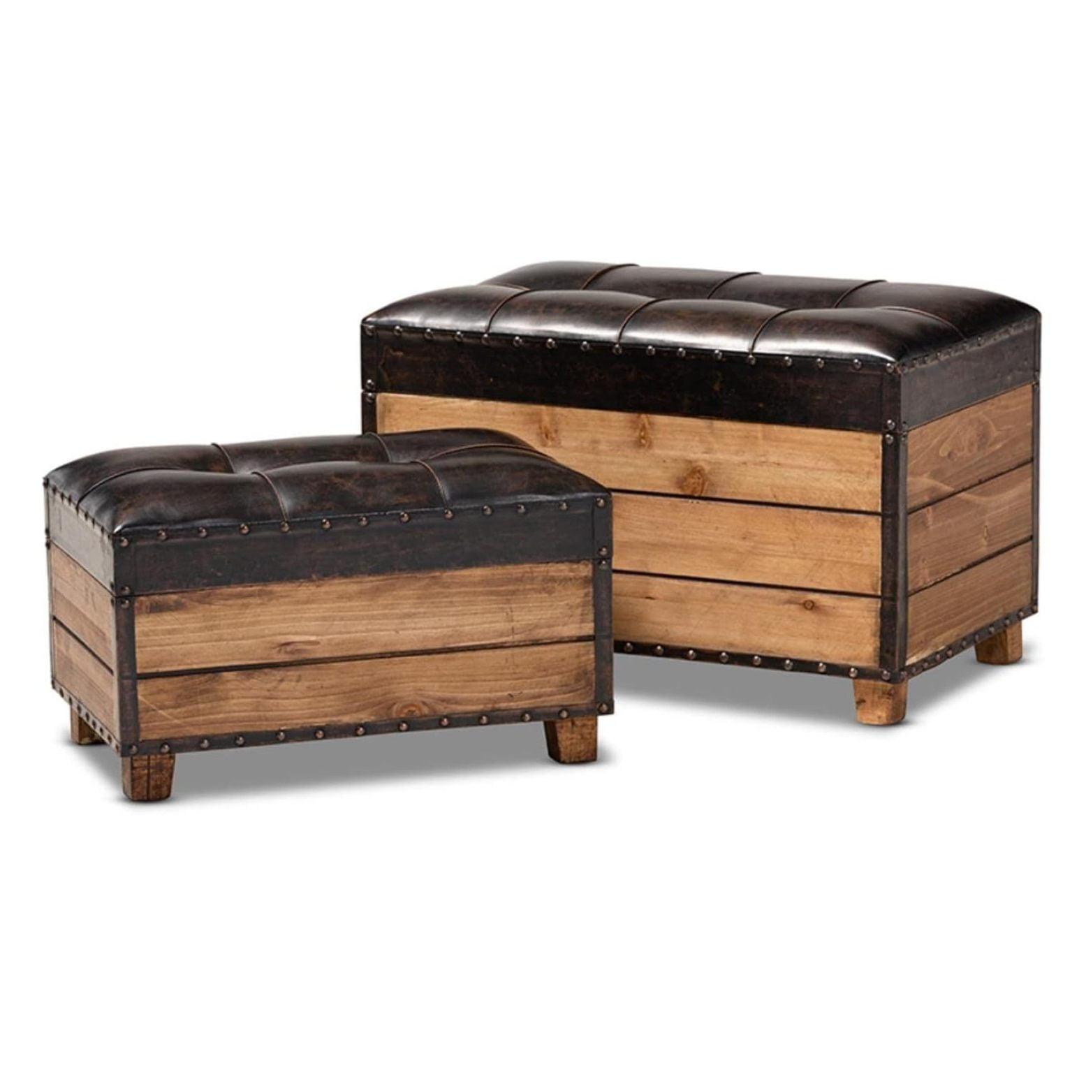 Rustic Dark Brown Faux Leather Tufted Trunk Ottoman Set