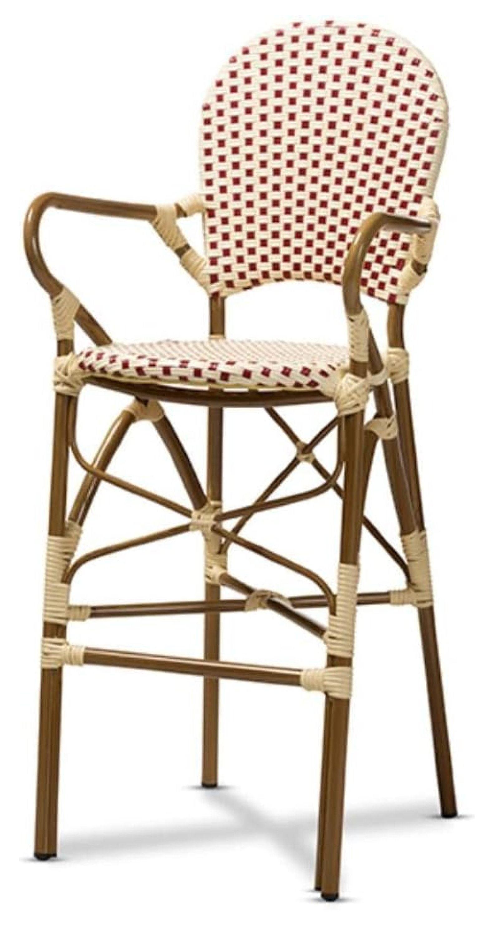 Beige and Red Woven Bamboo Style Bar Stool