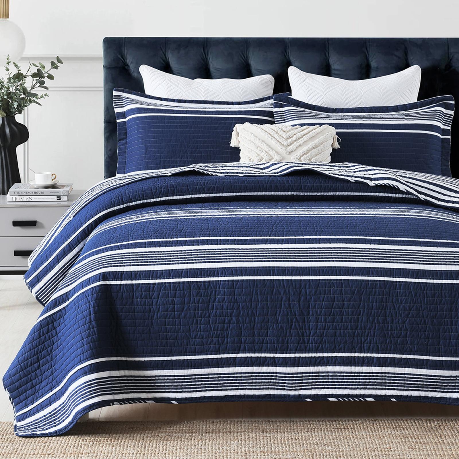 PANGUSHAN 100% Cotton Navy Blue Quilt Queen Size, Queen Quilt Bedding Set Quilted Bedspreads, Lightweight Reversible Striped Comforter for Queen Bed, All Season, Navy Blue, 3 Pieces