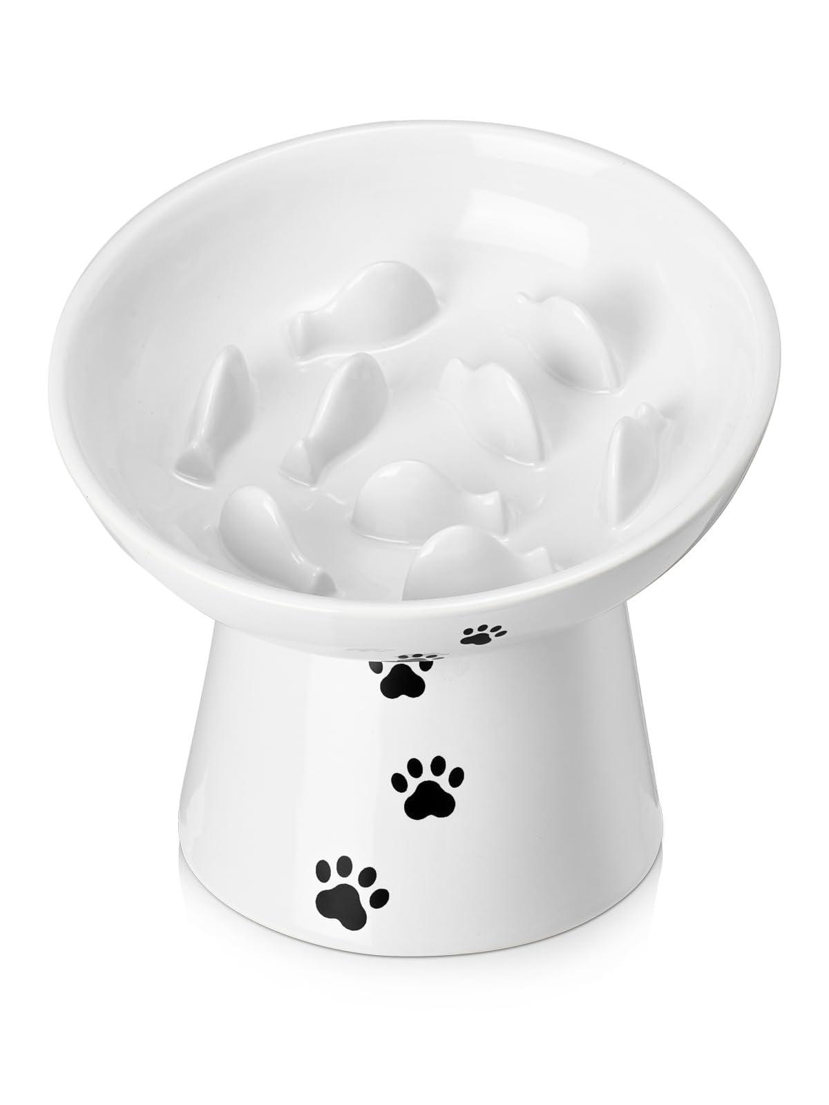 Y YHY Pet Feeder, Ceramic Cat Slow Feeder Bowl, 6 Inches, Elevated, Anti Vomiting for Dry and Wet Food, White C9