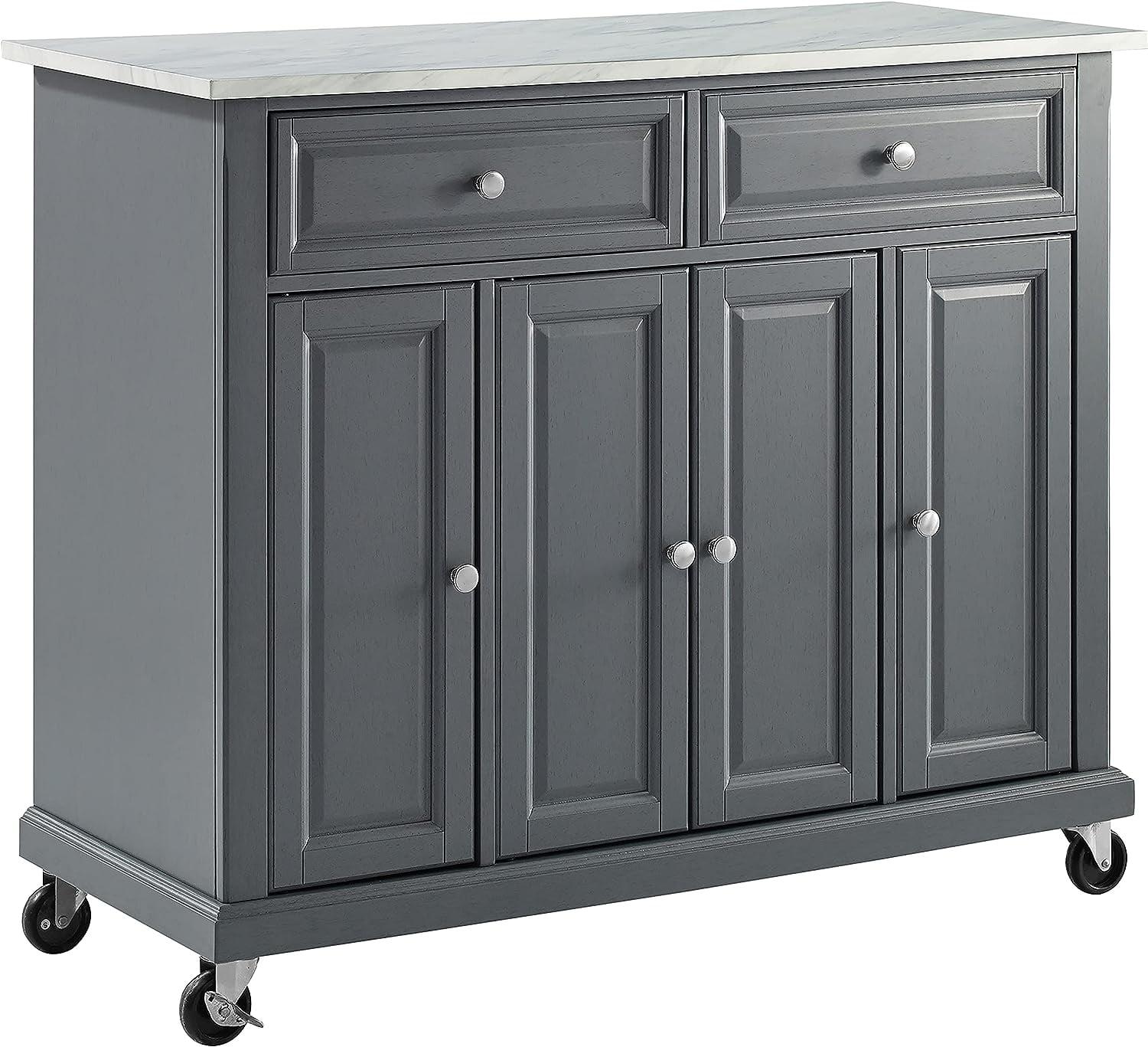 Traditional Gray Granite-Top Birch Kitchen Cart with Nickel Accents