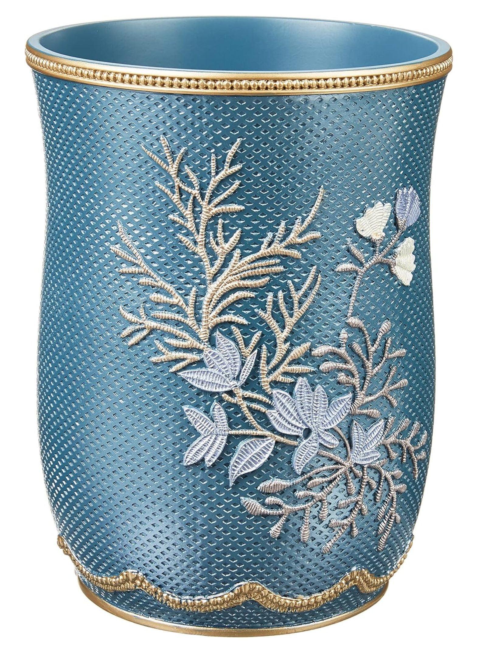 Slate Blue Floral Resin Bathroom Waste Basket