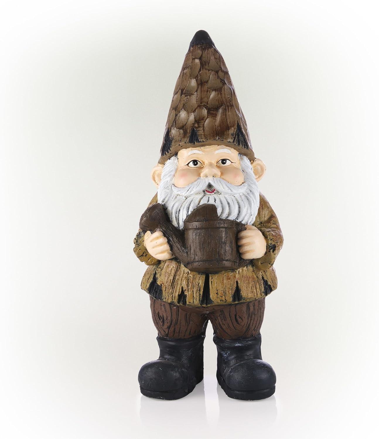 16" Brown Polystone Garden Gnome with Watering Can