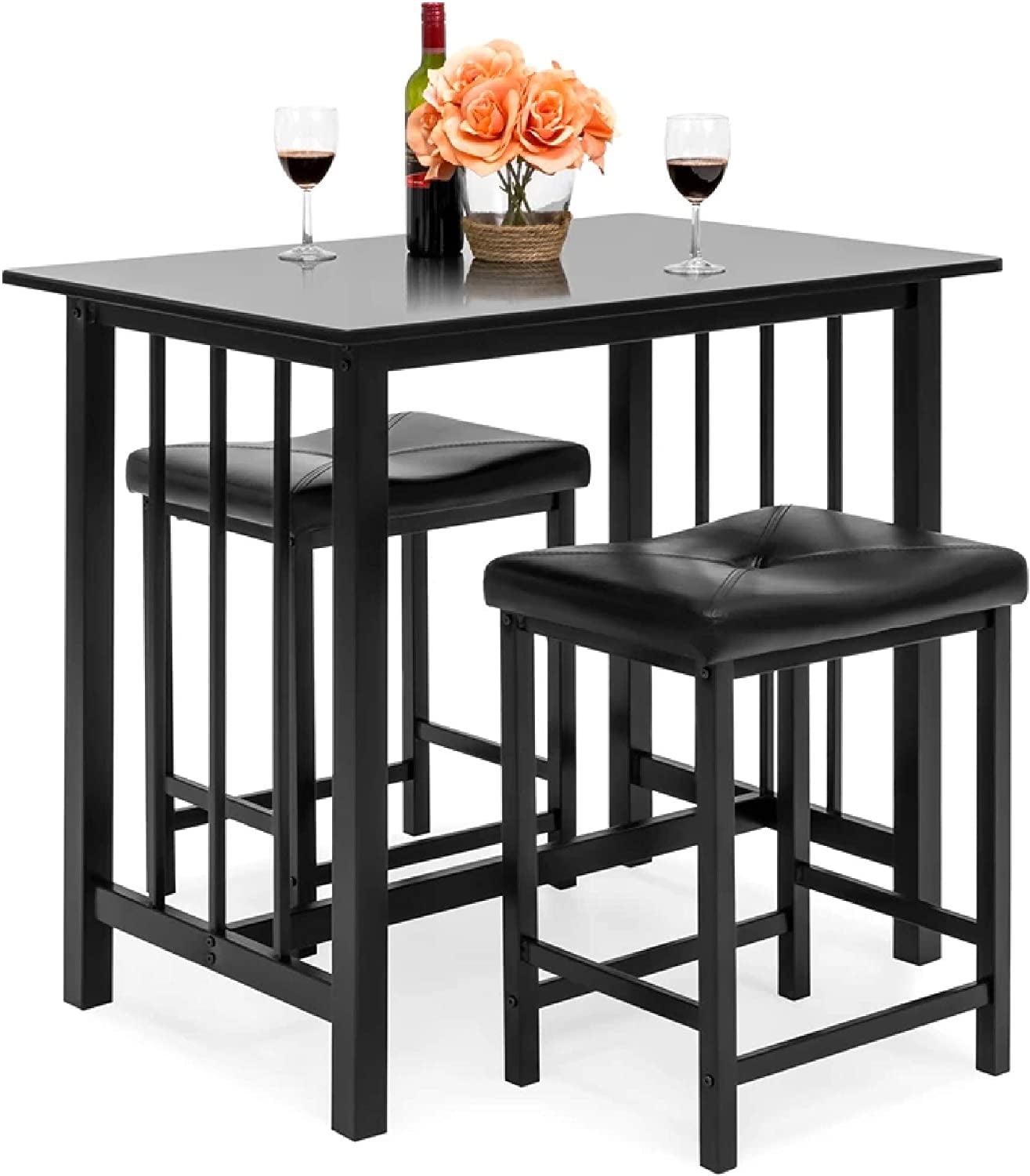 Compact 3-Piece Counter-Height Dining Set with Faux Leather Stools - Black