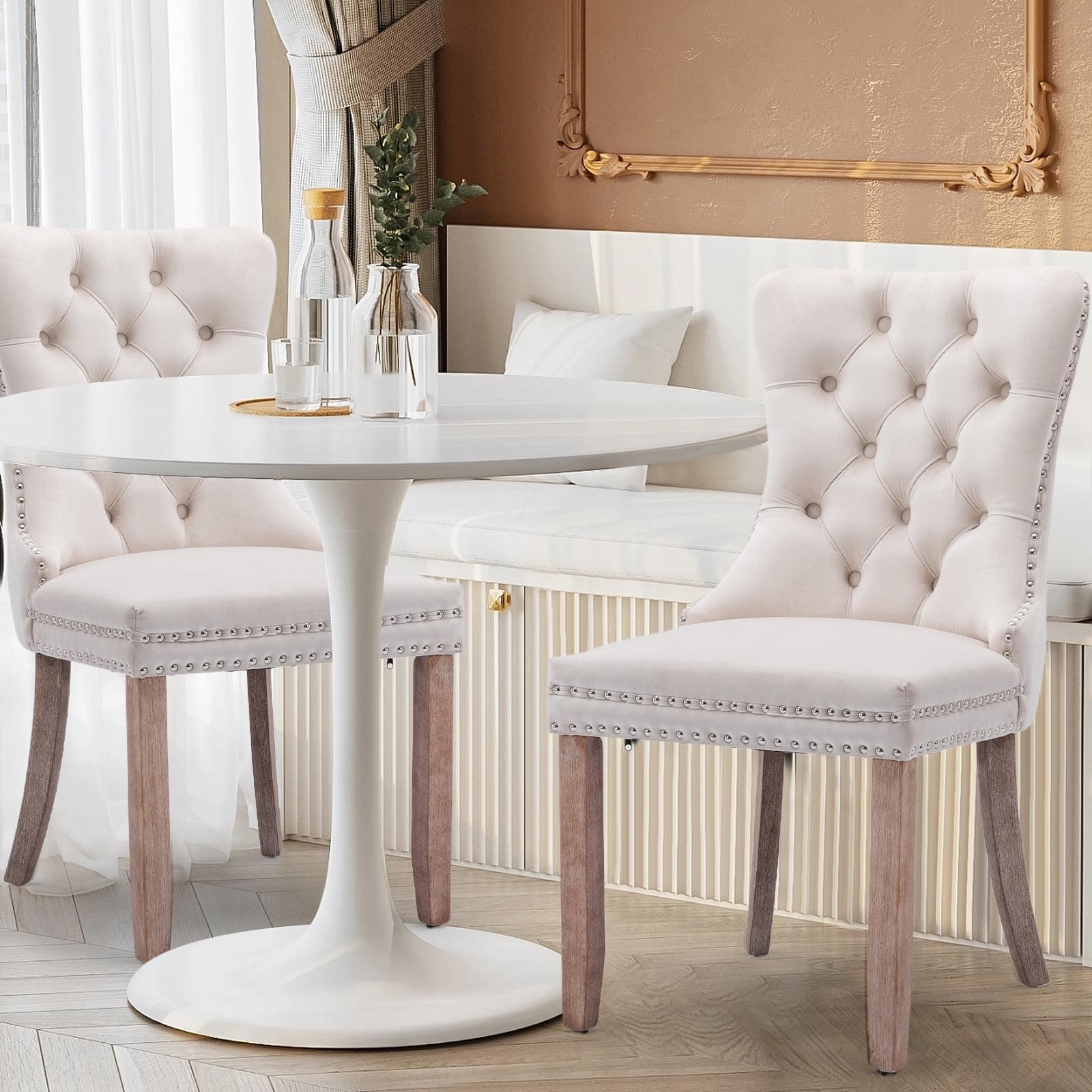 Beige Velvet Upholstered Tufted Side Chair with Wood Legs