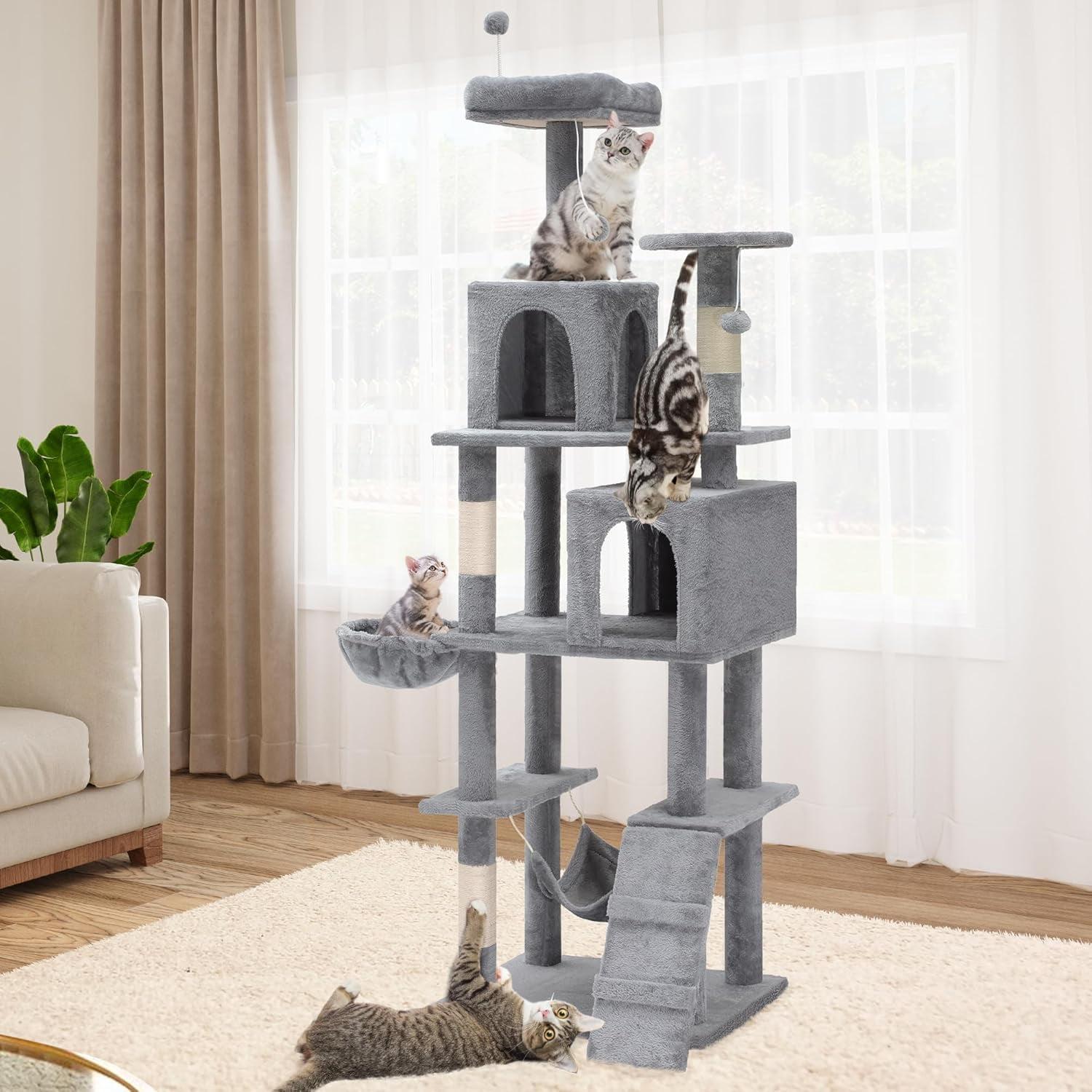 JTAOT 75in Tower Gray Wood Pet House Activity Center Indoor Scratching Posts