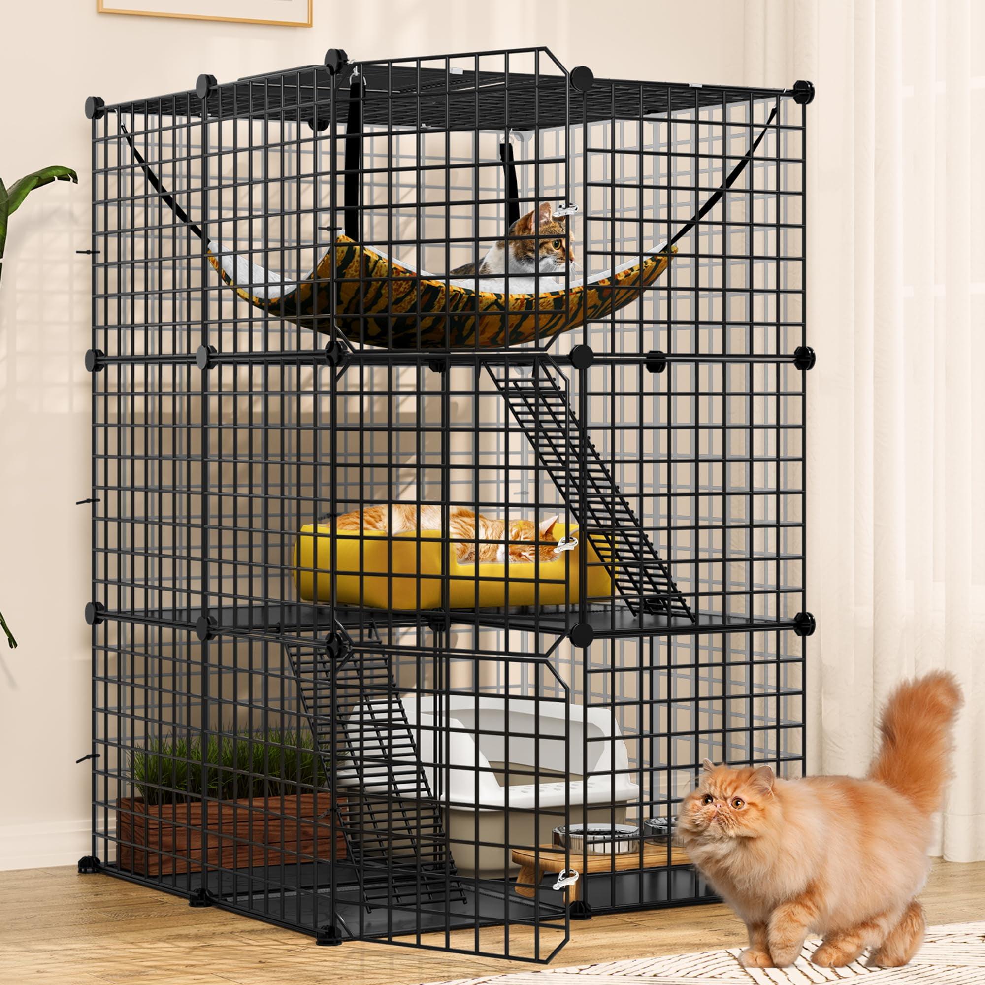 Cat Cage Indoor Catio DIY Cat Enclosures Metal Cat Playpen 3-Tiers Kennels Pet Crate with Extra Large Hammock for 1-2 Cats, Rabbit